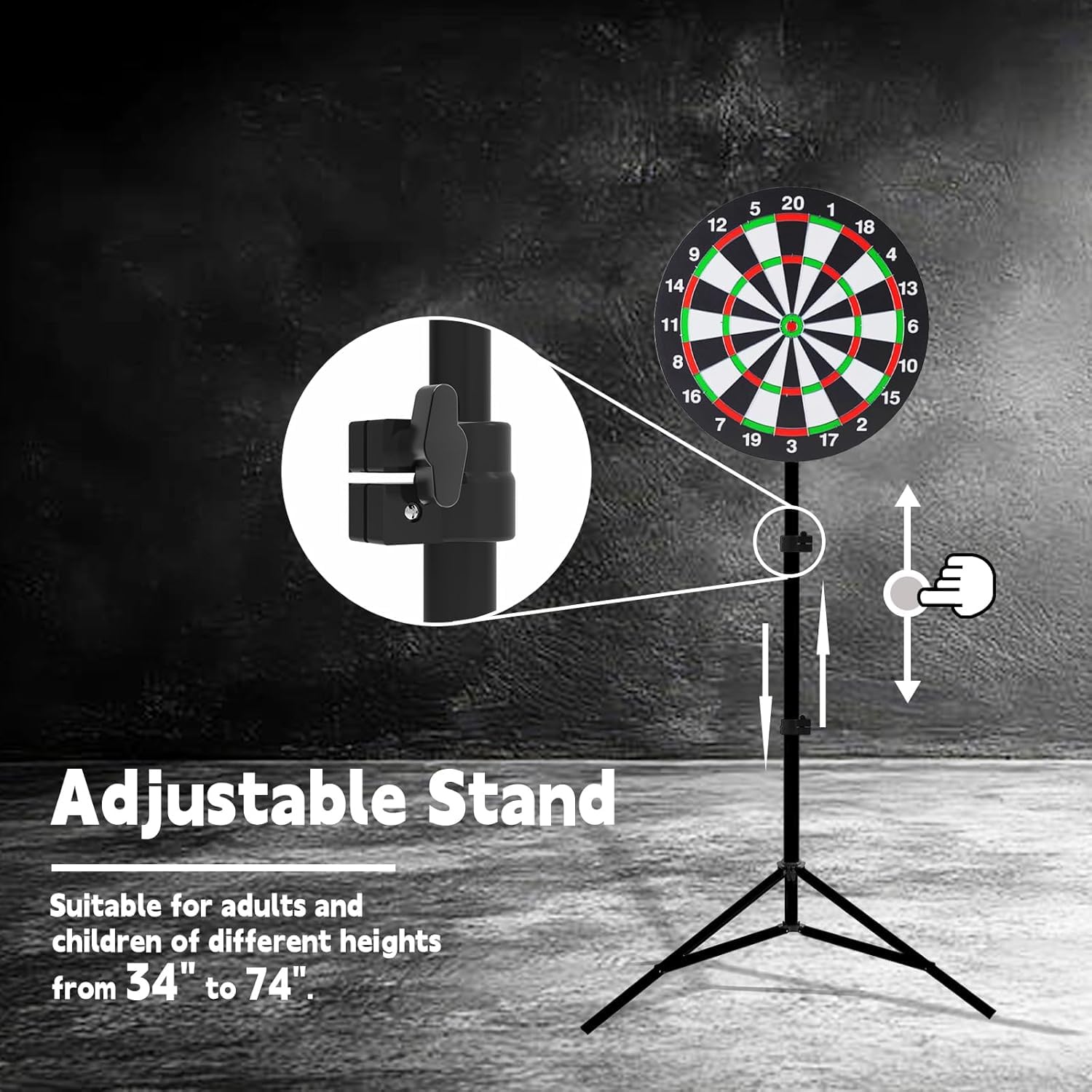 Bersaglio per freccette con supporto, 86-188 cm, regolabile in altezza, bersaglio da 46 cm, robusto tre piedi, design portatile con 6 freccette per viaggi, casa, pub o giochi all'aperto