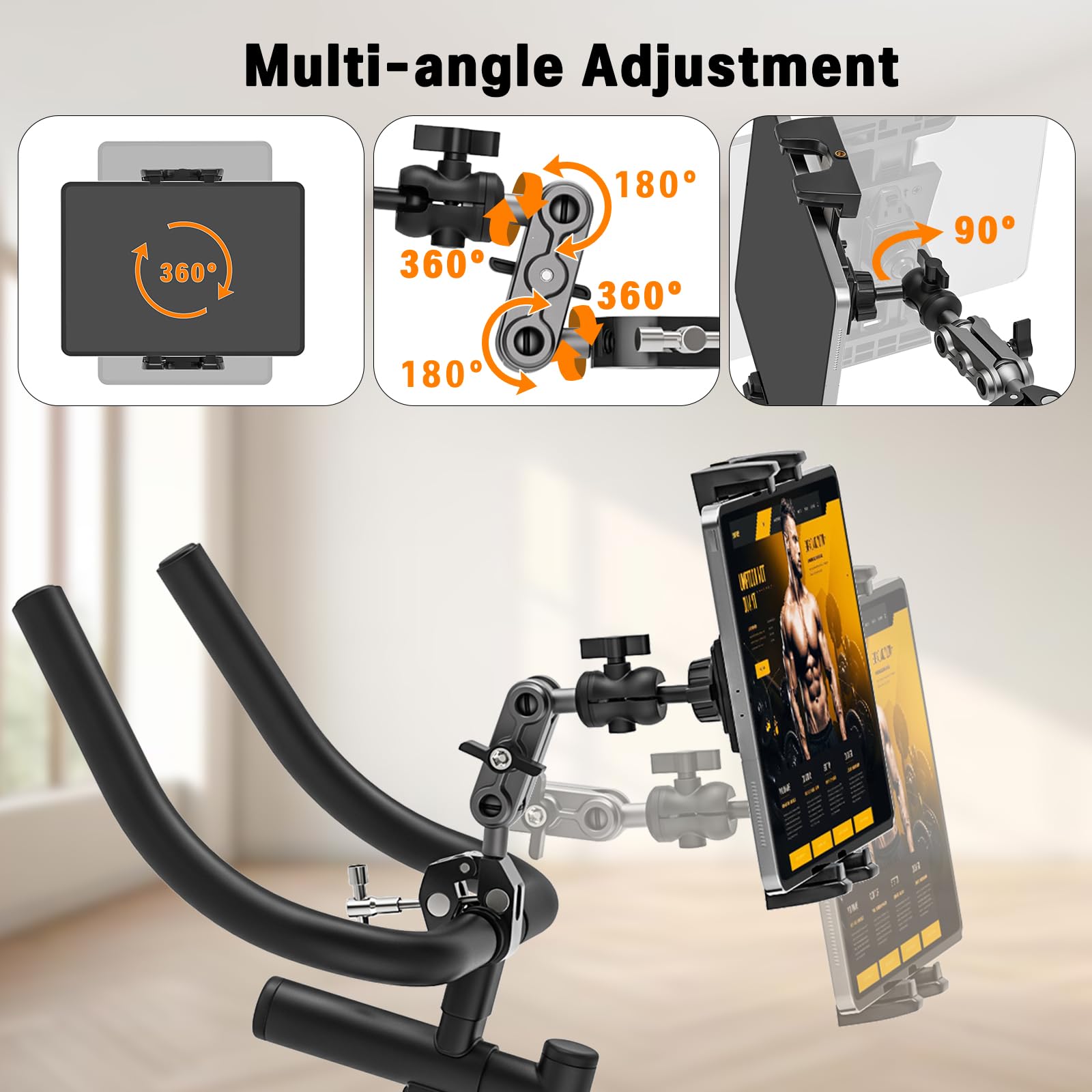 Uchwyt na tablet bieżnię, iPad do roweru, eliptyczny spin Bike, obracany o 360°, uchwyt na tablet, stojak na mikrofon do iPada Pro/Air/mini, tablet 4,7-12,9"