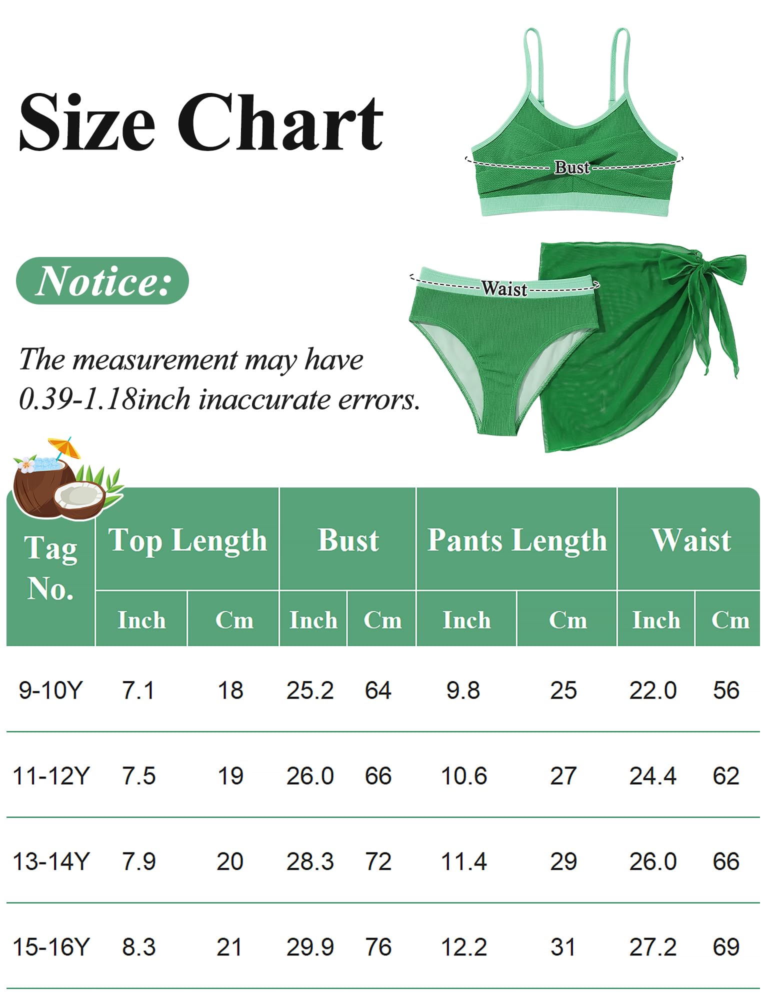 Ensemble Bikini 3 Pieces Fille Maillot de Bain Bretelles Spaghetti Gerippt Ensemble de Bain Rembourré Couleur Unie 9-16 Ans