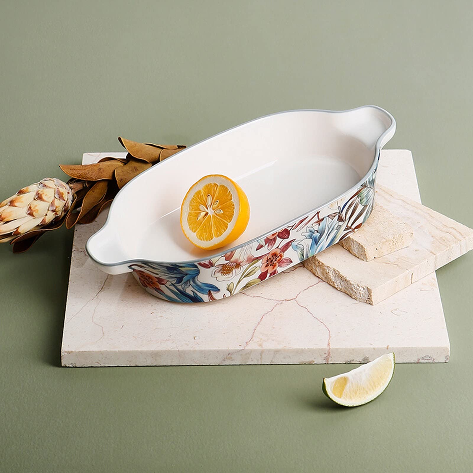 Fuente para Hornear Cerámica Bakeware/Baker Set, Piedra de Porcelana Small Oval Au Gratin Sartenes, Plato para Hornear con Mango Doble para Cocina y hogar, 10.75 Pulgadas Bandejas Horno