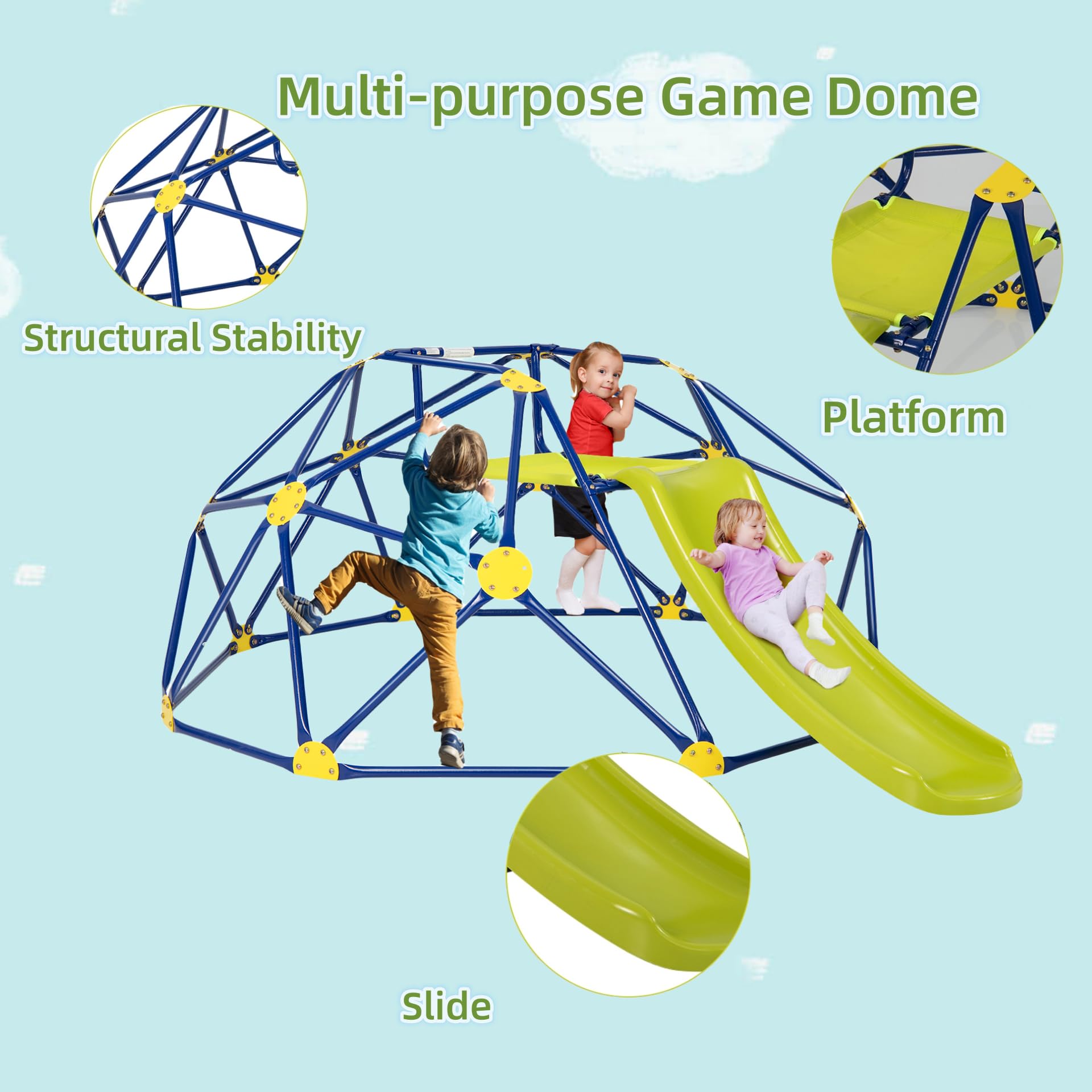 LIFEZEAL Cúpula para Escalar con Tobogán, Marco de Metal para Patio, Centro de Actividades con Escalera y Plataforma de Tela, área de Juegos Interior y Exterior para Niños de 3 a 10 Años (Azul+Verde)