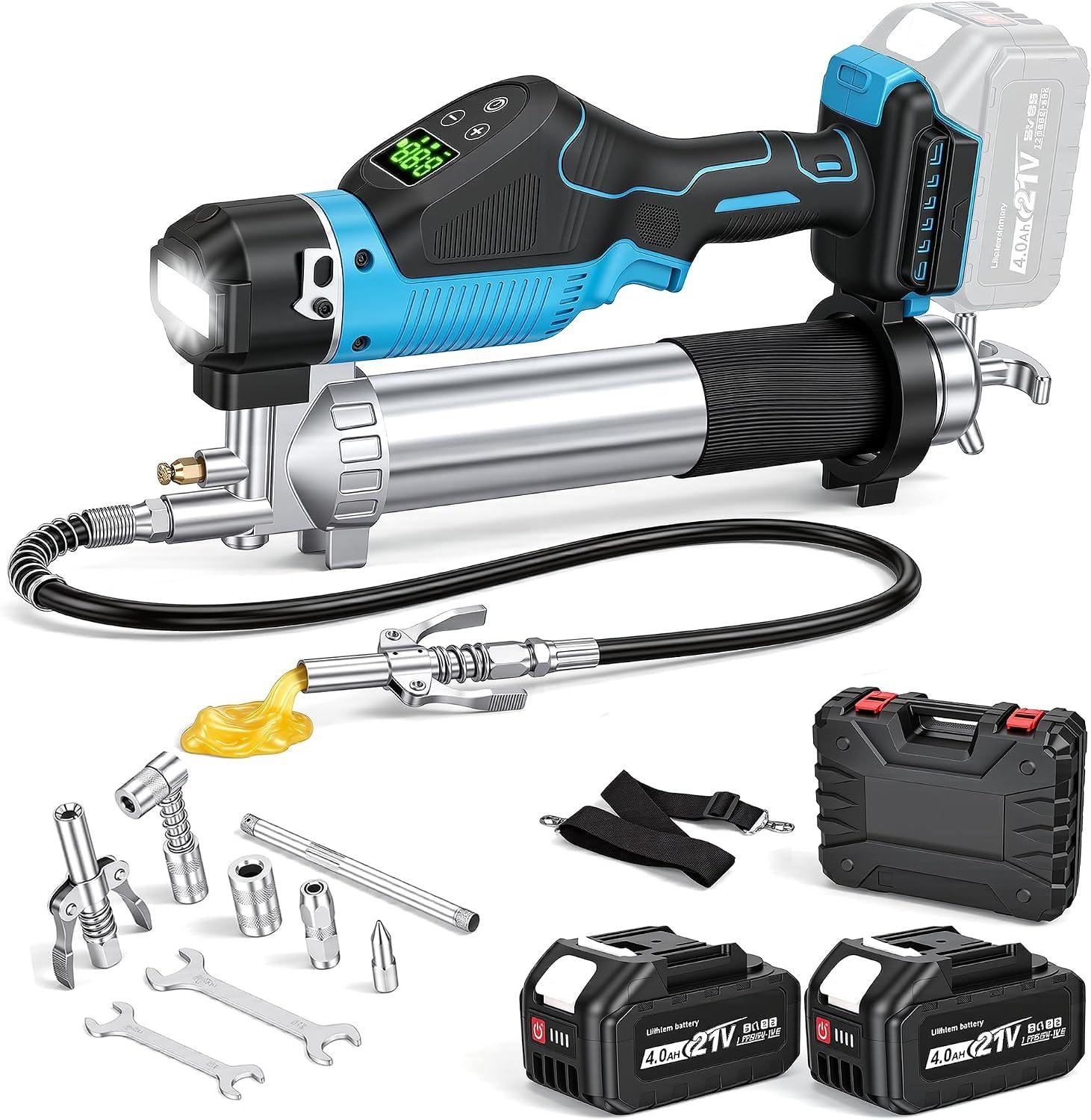 YEARTOP 12000 PSI Engrasadora Bateria Pantalla LCD Digital con 2X 4000mAh