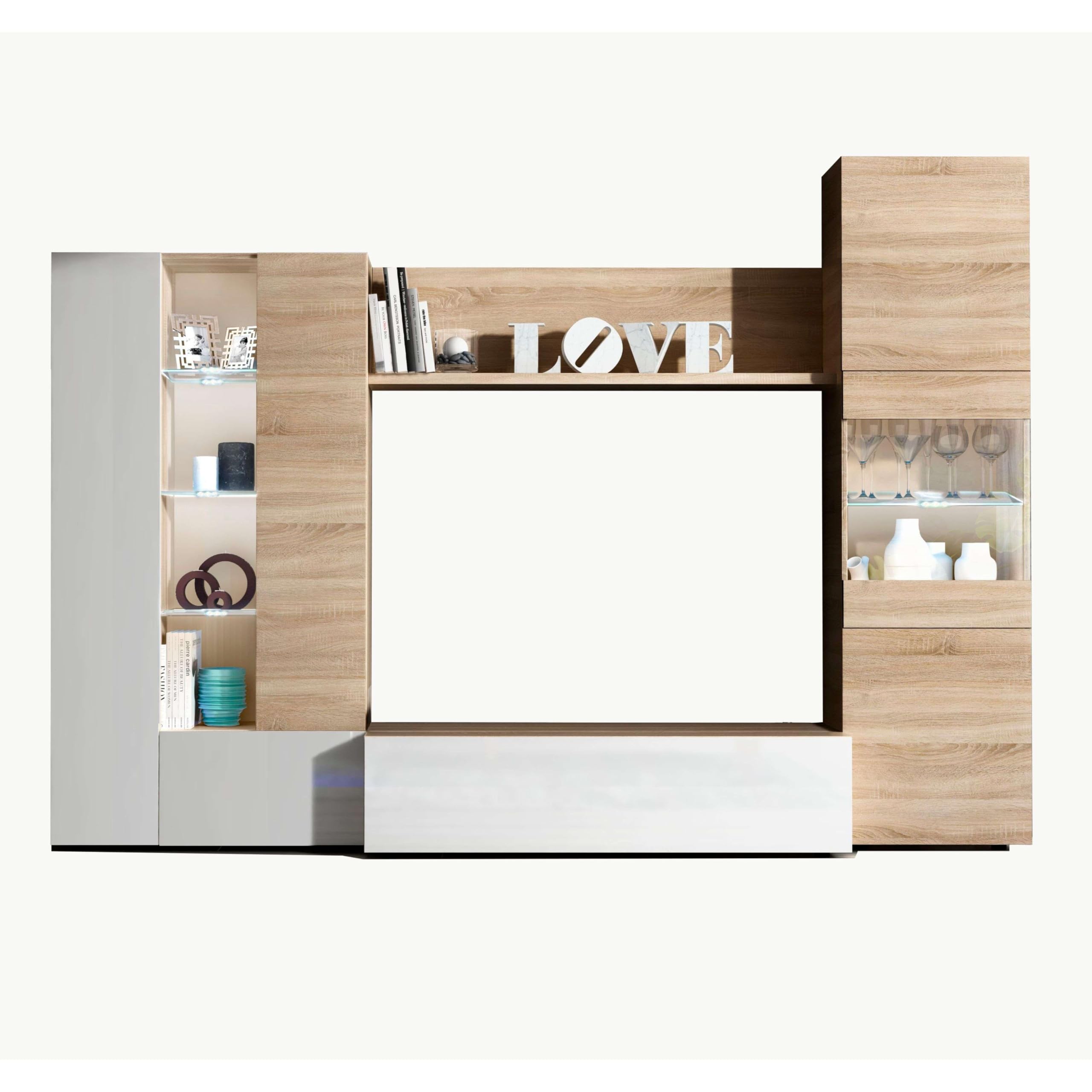 Habitdesign Esstisch-Möbel mit LEDs, Wohnzimmermöbel, Modell Essential, glänzendes weißes Finish und kanadische Eiche, Maße: 260 cm (Breite) x 185 cm (Höhe) x 42 cm (Tiefe)