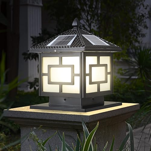 Luces solares para postes al aire libre con sensor de columnas para exteriores con base de alimentación, 2 modos de fundición a presión, luces de