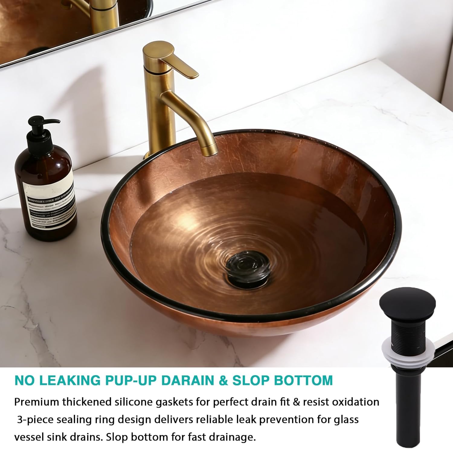 Kichae Round Glass Vessel Sink - 15" x 15" Tempered Glass Bathroom Vessel Sink for Bathroom Vanity, Brown Reflections Above Counter Art Basin