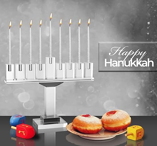 Miniatura 13 de Ner Mitzvah Menorá de Hanukkah de cristal azul, se adapta a todas las velas estándar de Janucá, moderna vela de cristal para Janucá, 9 pulgadas
