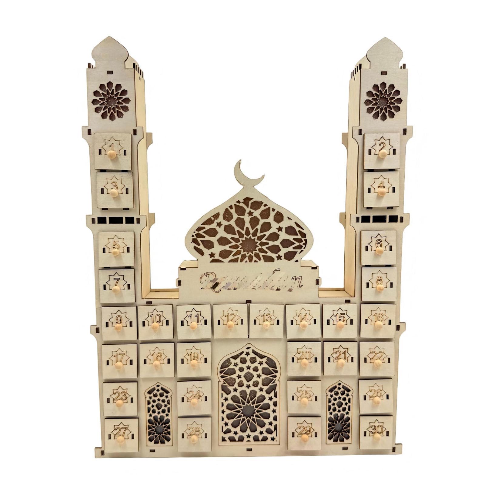 ordinarYone Calendario per conto alla rovescia dei castelli del Ramadan, con luce a LED e 30 cassetti, in legno, decorazioni per l'avvento per feste islamiche