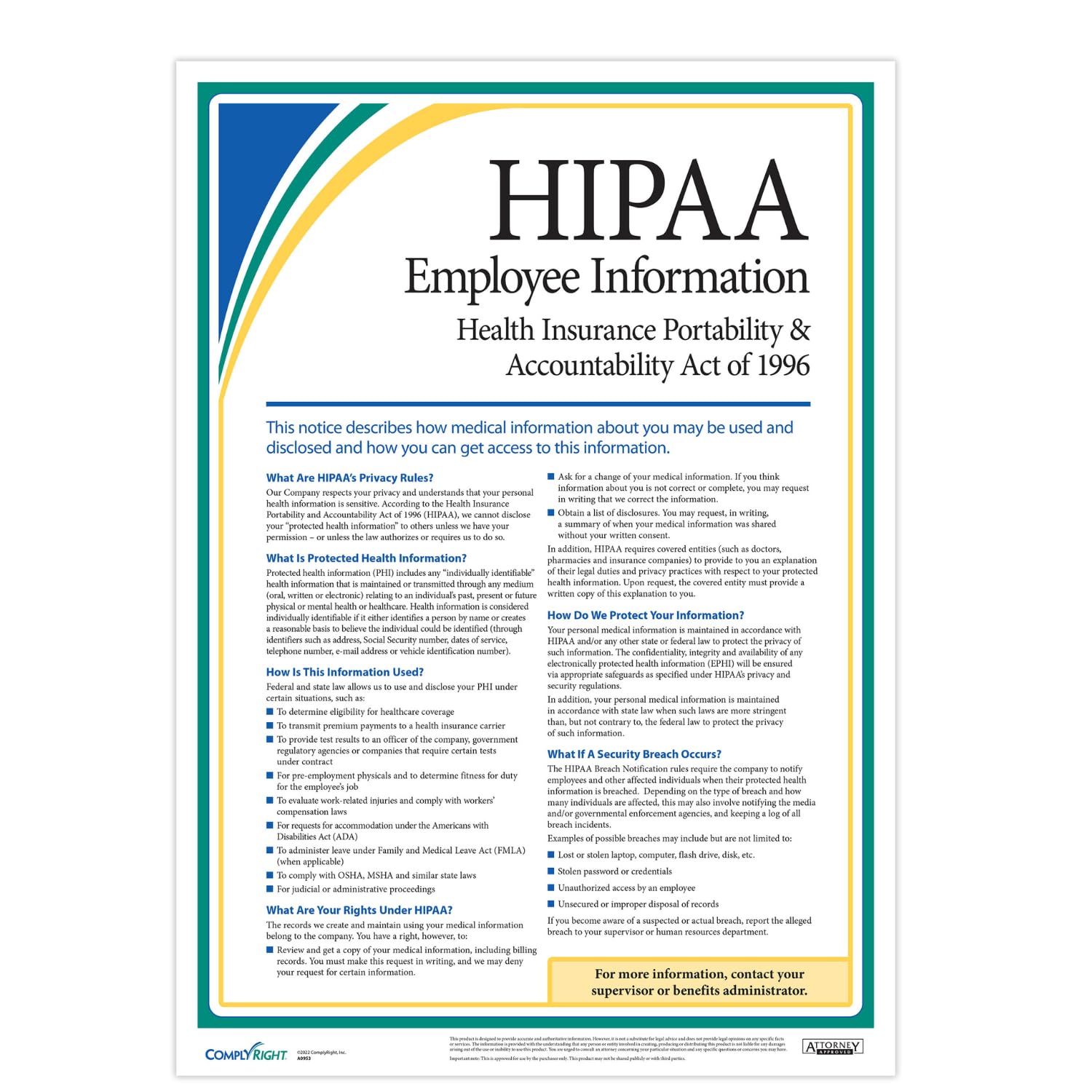 ComplyRight HIPAA Employee Information Poster – 17” x 24” – Healthcare Poster