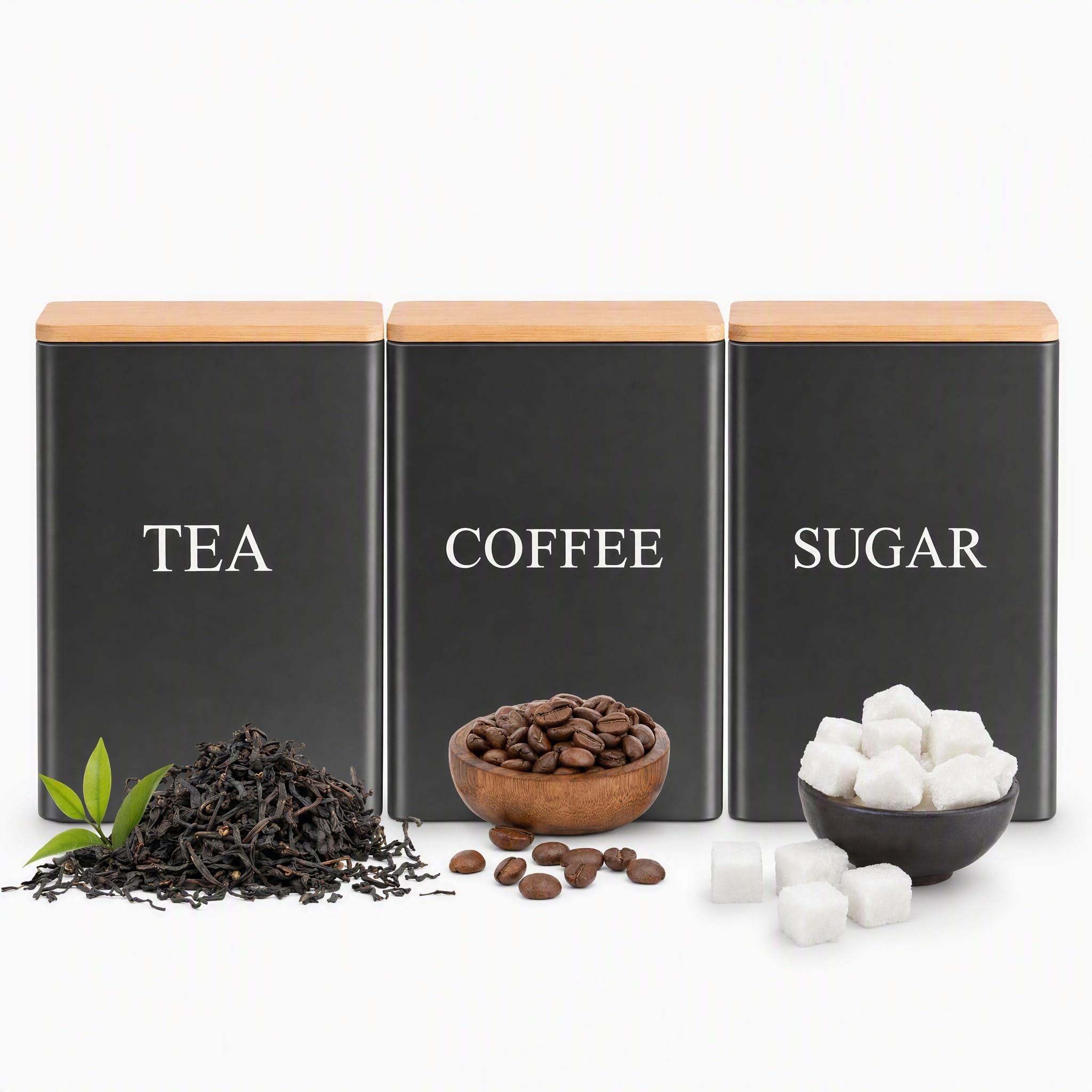 3 Pcs Tea Coffee Sugar Canisters, Metal Food Caddy Containers with Lids