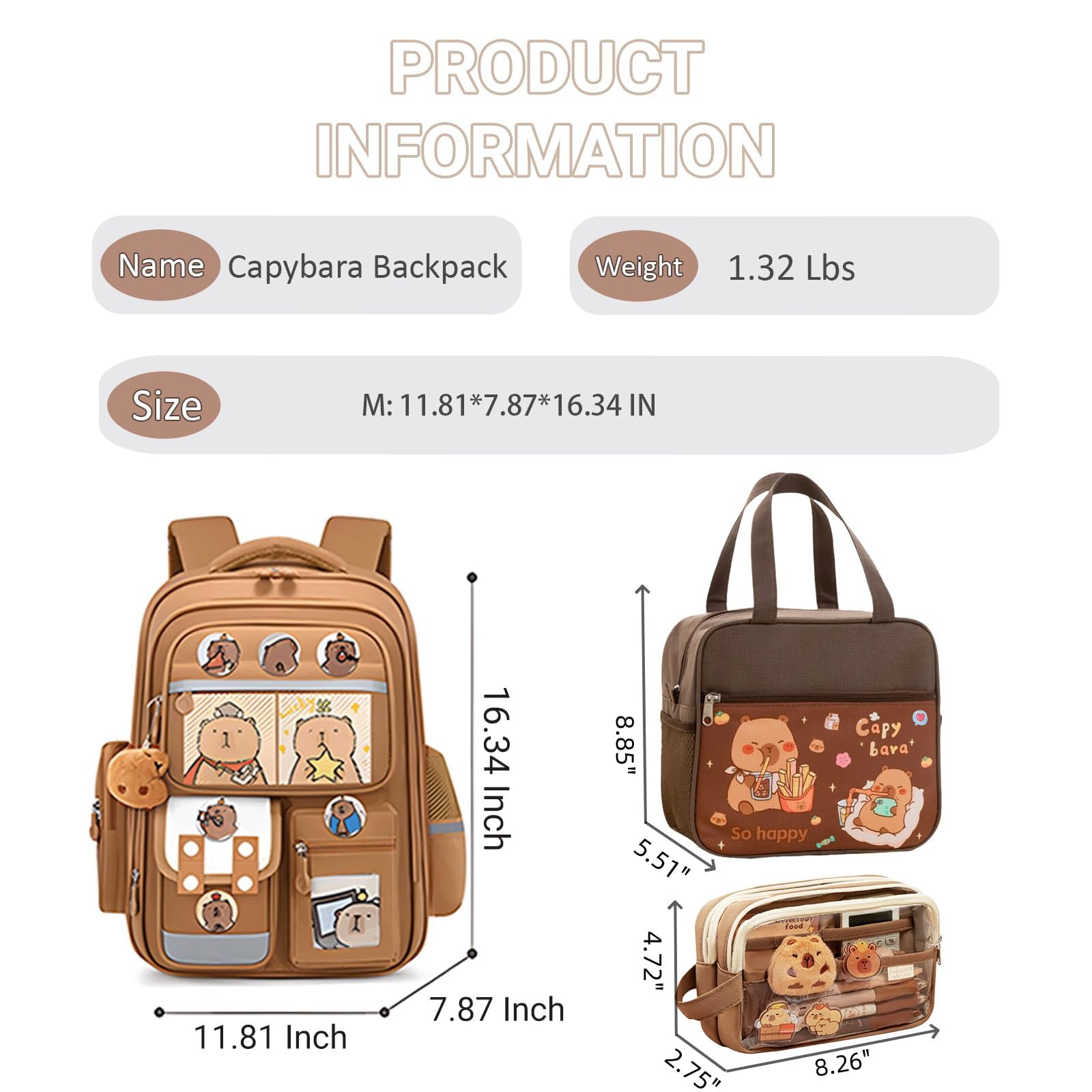 Zaino Capibara Bambino, Zaino Capibara Kit con Astuccio e Borsa per Pranzo (Green)