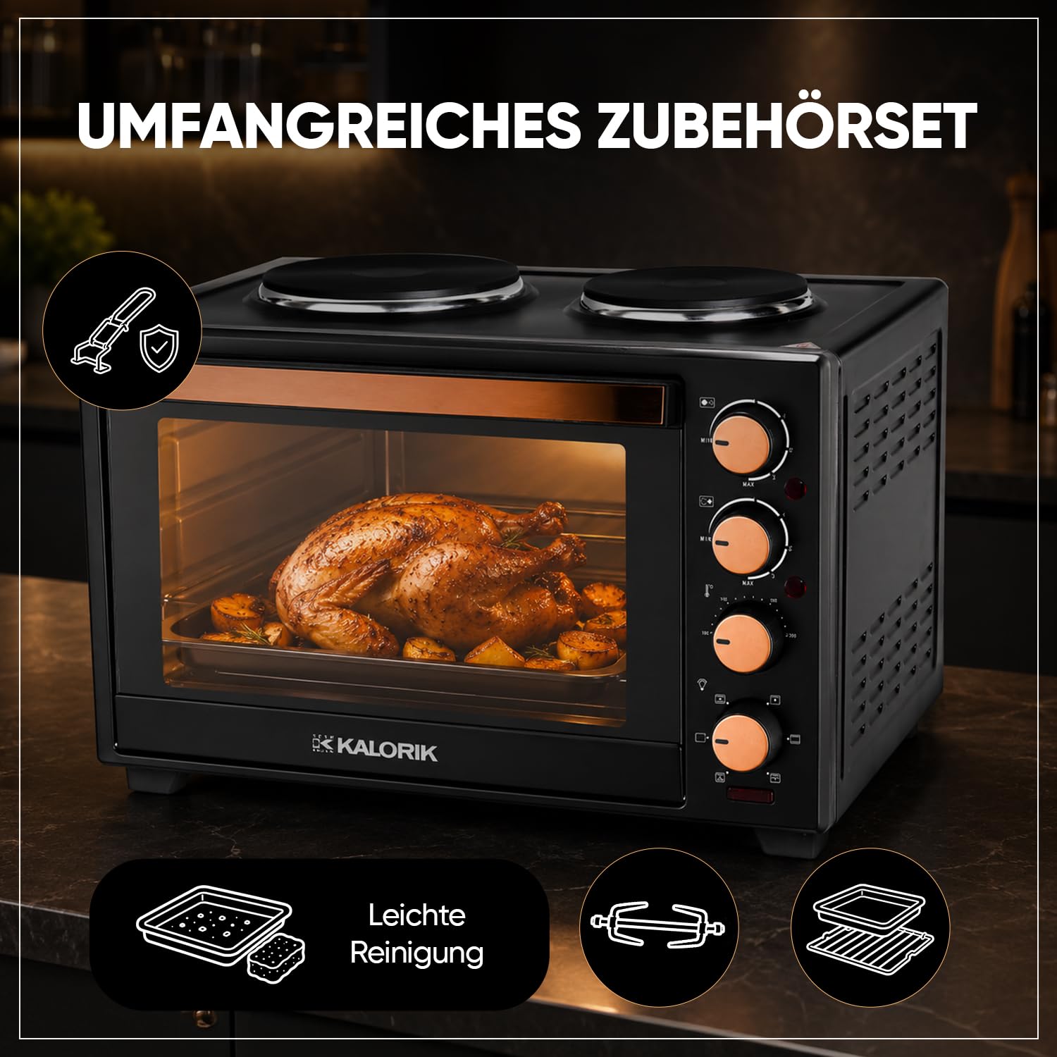 Kalorik - Minibackofen - Kochplatten 2er Elektrisch - mini Backofen 30 Liter - 2-in-1 Backofen und Kochfeld für vielseitiges Kochen und Backen, mit Umluft & Drehspieß, 3300 W, Schwarz Kupferakzent