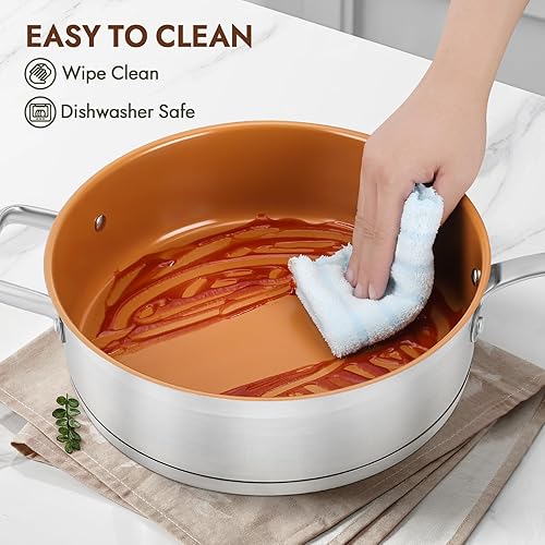 Miniatura 6 de Sartén de cerámica con tapa, sartén antiadherente de 5.5 cuartos de galón sin PFAS, PTFE o PFOA, base de acero inoxidable, sartén profunda para