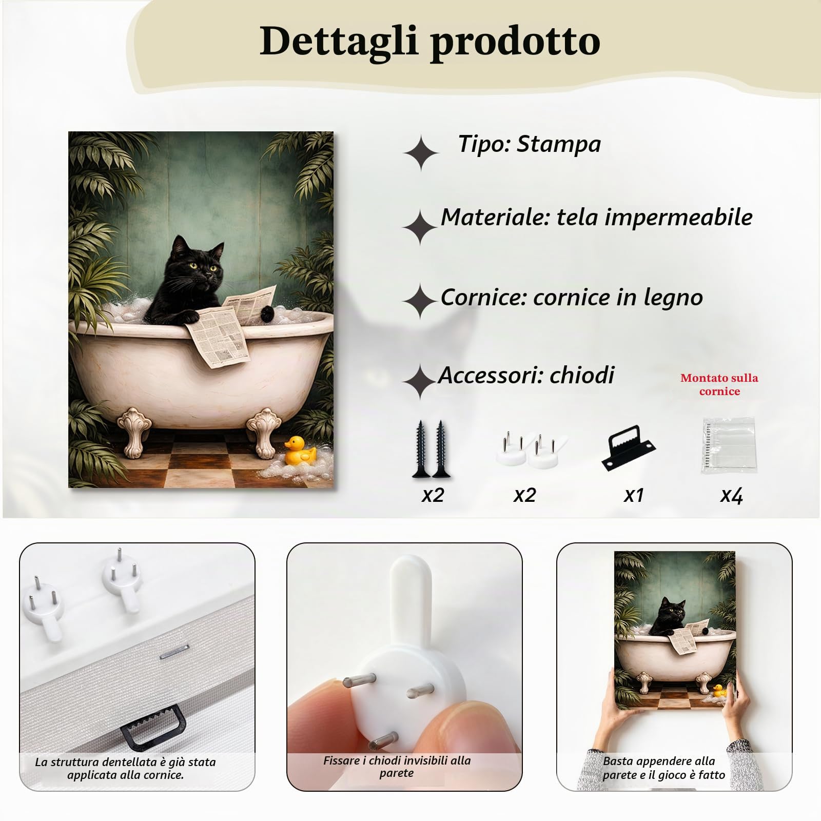 Alptiny Set di 3 quadri da bagno da 30 x 40 cm su tela con cornice, simpatici gatti con , decorazione da parete per il bagno, decorazione da parete per il bagno e il WC degli ospiti