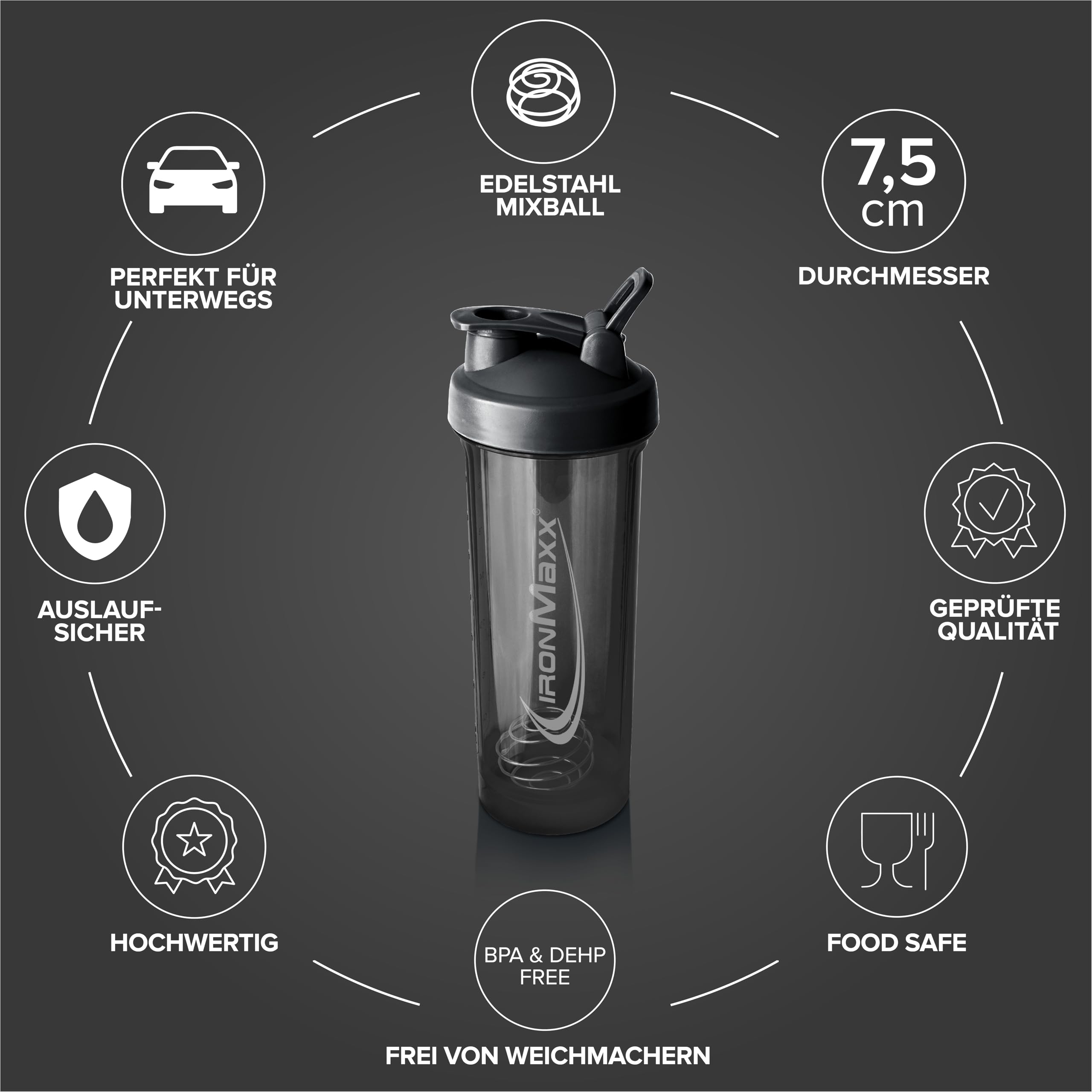 IronMaxx Premium Shaker Deep Black 700 ml, shaker do białek z kulką filtrującą i skalą | Hermetyczna butelka z tworzywa AS+PP | do kremowych koktajli, gdziekolwiek jesteś