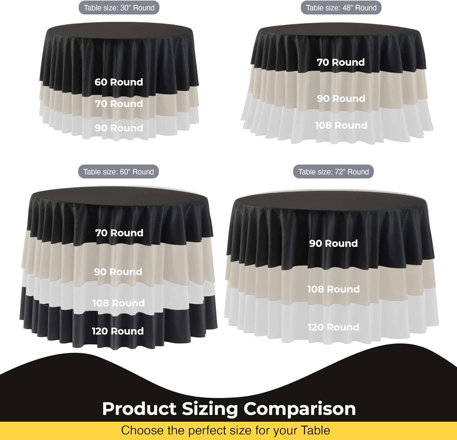 12-Pack Black Round Plastic Tablecloth Disposable – Size: 108 Inches – Round Plastic Table Cloths for Parties, Picnics & Formal Events