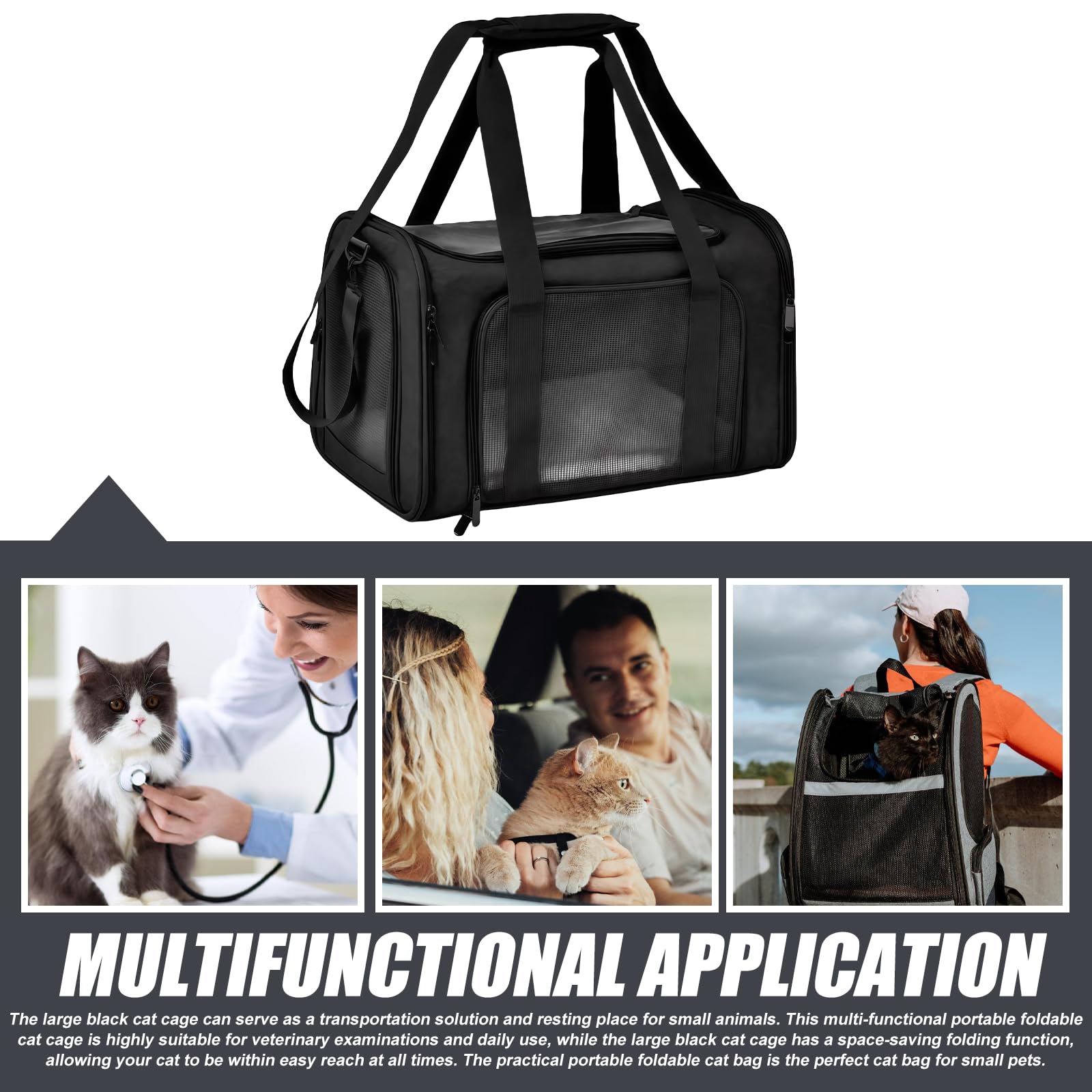 Grand sac de transport noir pour chat : sac pliable portable pour chat, sac sûr pour les petits animaux de compagnie, boîte de transport respirante pour chat pour les voyages et les visites