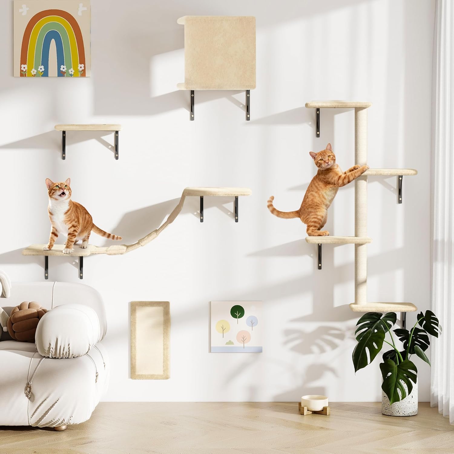 Katzen Kletterwand Set 5-teilig – Wandmontierte Katzenwand für Wohnungskatzen, mit Katzenhaus, Katzenbrücke, Kratzsäule & Kratzbrett, Platzsparend, beige