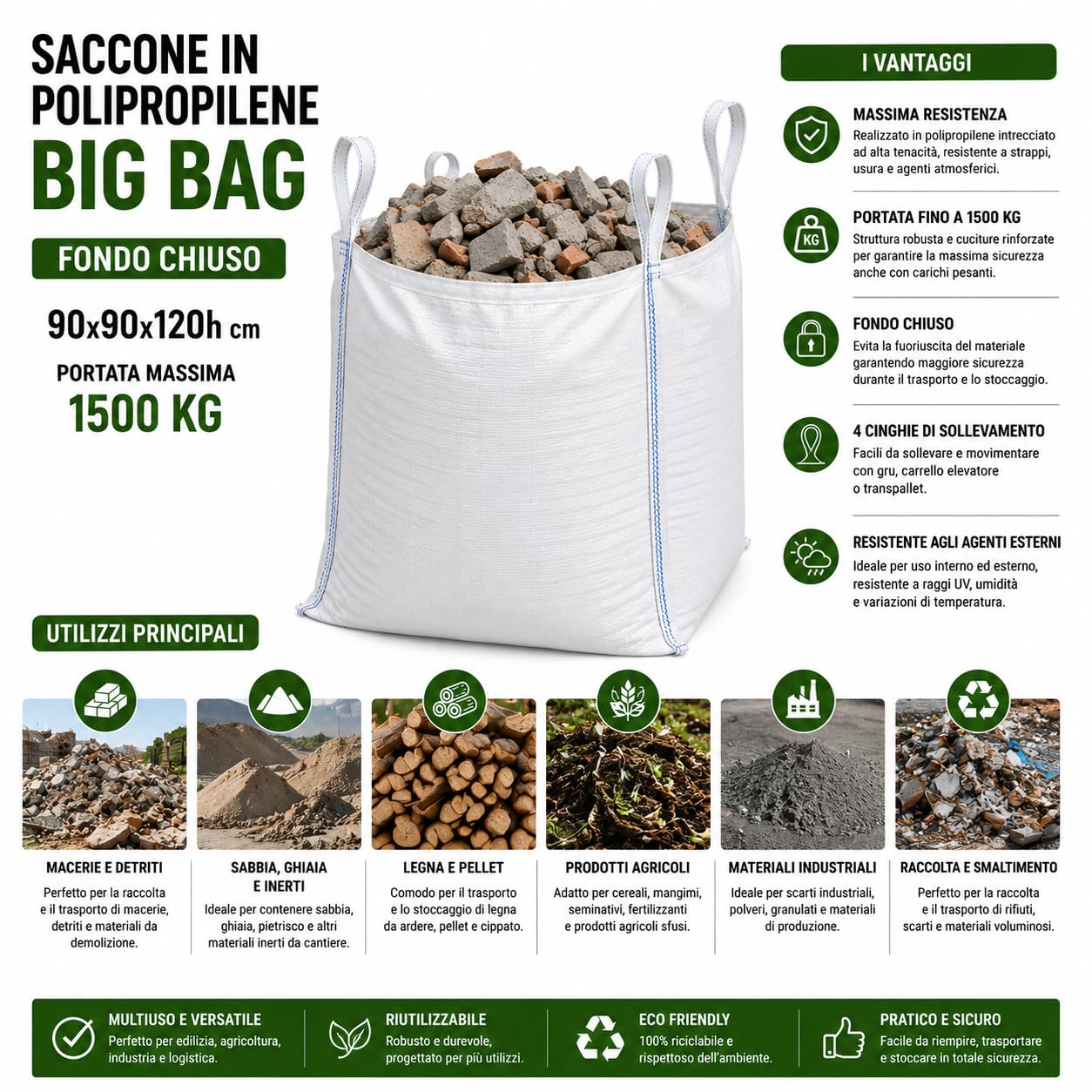 Bolsa Big Bag de polipropileno con fondo cerrado, 90 x 90 x 120 cm, capacidad para 1500 kg, saco industrial para escombros, arena, madera, pellets, materiales de construcción LEMAG SRL