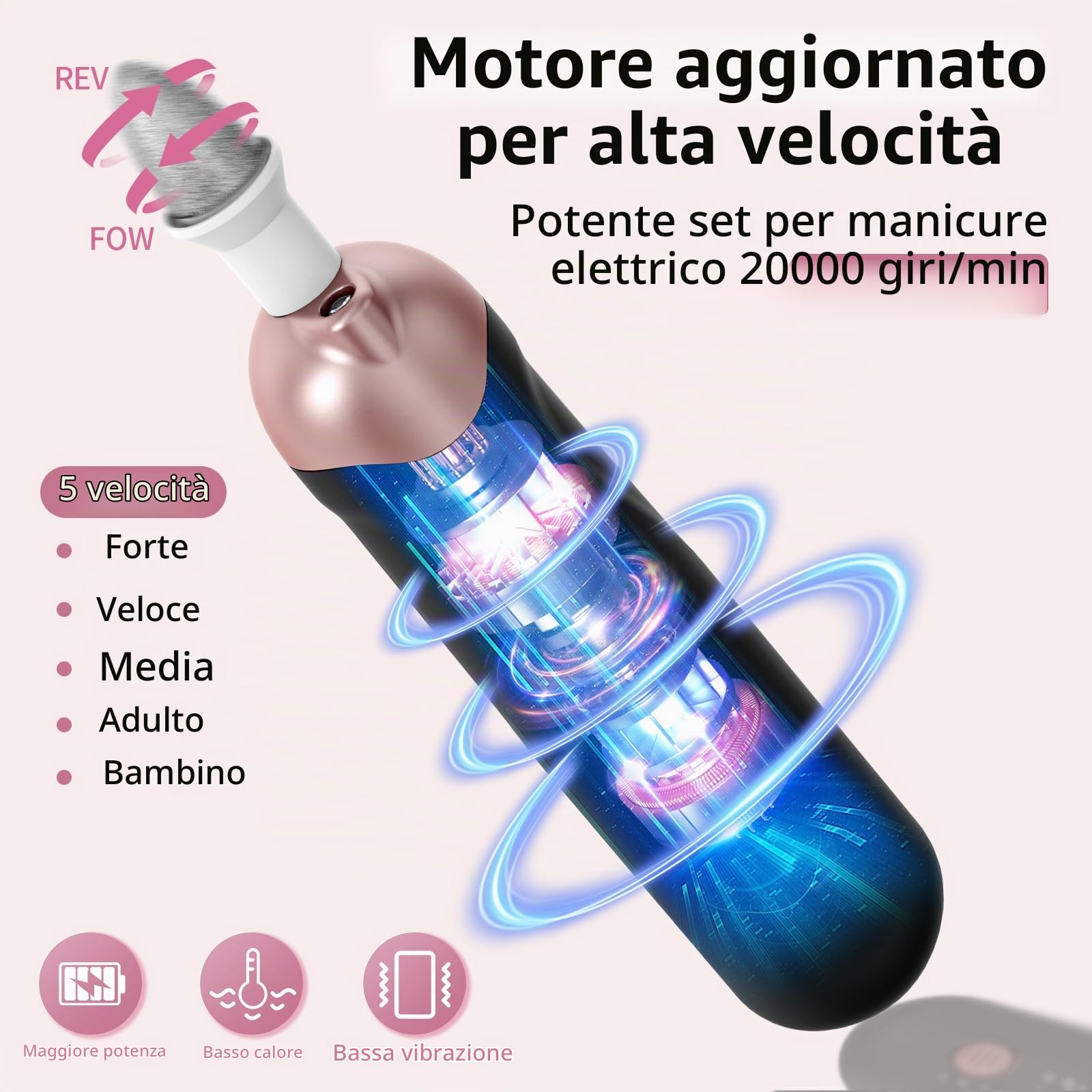 Kit professionale per manicure e pedicure, 8 in 1, lima elettrica per unghie, set di lime per unghie a 5 velocità per unghie spesse e cuticole, buffer per rifinitore a LED per donne, uomini, bambini e
