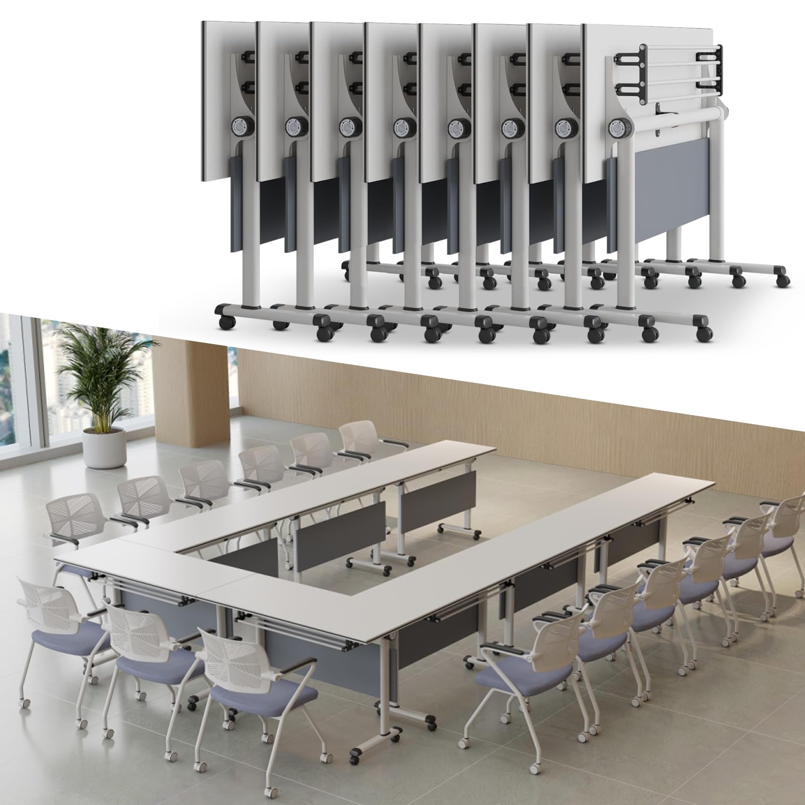Scrivania rettangolare con piano ribaltabile, tavolo da conferenza mobile extra largo pieghevole con struttura in metallo, ampio tavolo da formazione per casa, ufficio e sala riunioni.