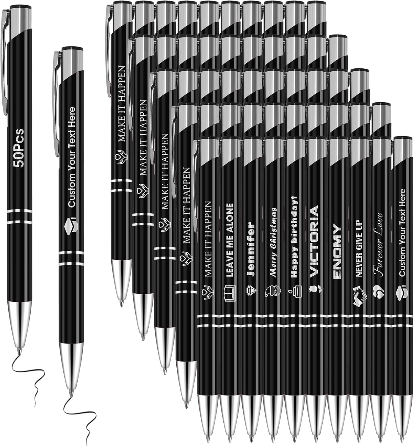 Personalized Pens 50Pcs Customized Pens with Name/Logo/Message Free Customization Black Ink Engraved Ballpoint Pens in Bulk for Customers, Colleagues, Friends