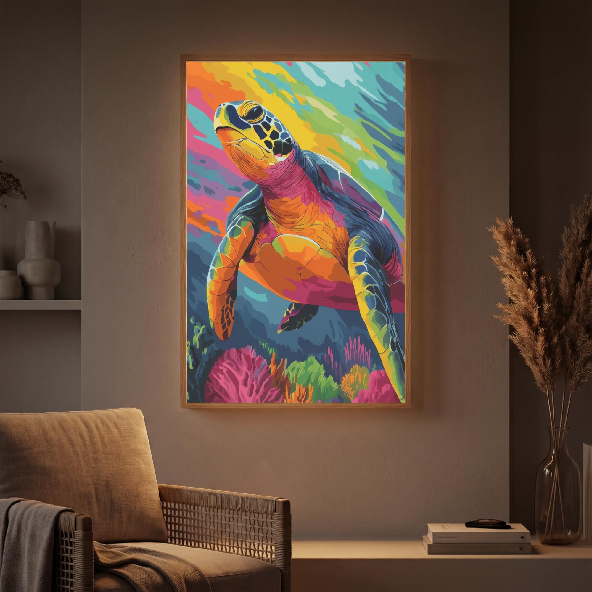 Moderne LED Wandleuchte Innen 60x90 cm Aufladbar Wandbeleuchtung Schlafzimmer Nachtlampe Flach Fernbedienung Warmes Still Licht Dimmbare Lampe Koralle - Schildkröte - Abstrakt - Wasser