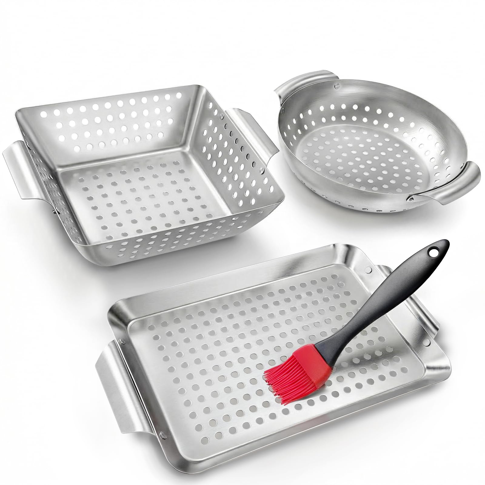 3 Piece Stainless Steel Grill Basket Set with Basting Brush, Heavy Duty Small Vegetable Grill Basket for Outdoor Grill - Perforated Compact BBQ Grill Pan &amp; Wok Accessories for Gas, Charcoal, Veggies