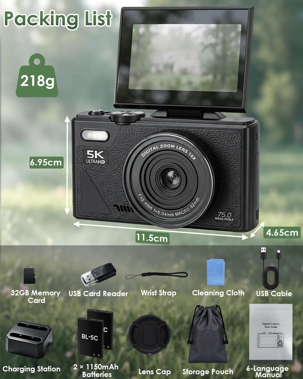 Fotocamera Digitale 5K 75MP con WLAN, Macchina Fotografica con 18X Zoom