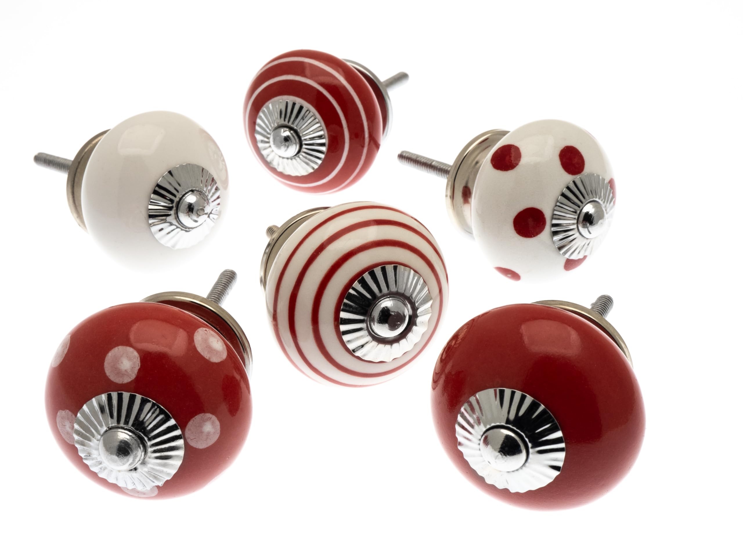 Mango Tree Red Cupboard Knobs - Decorative And White With Dots, Spots And Stripes Ceramic Door And Drawer Handles – Vintage Home Décor Set Of 6