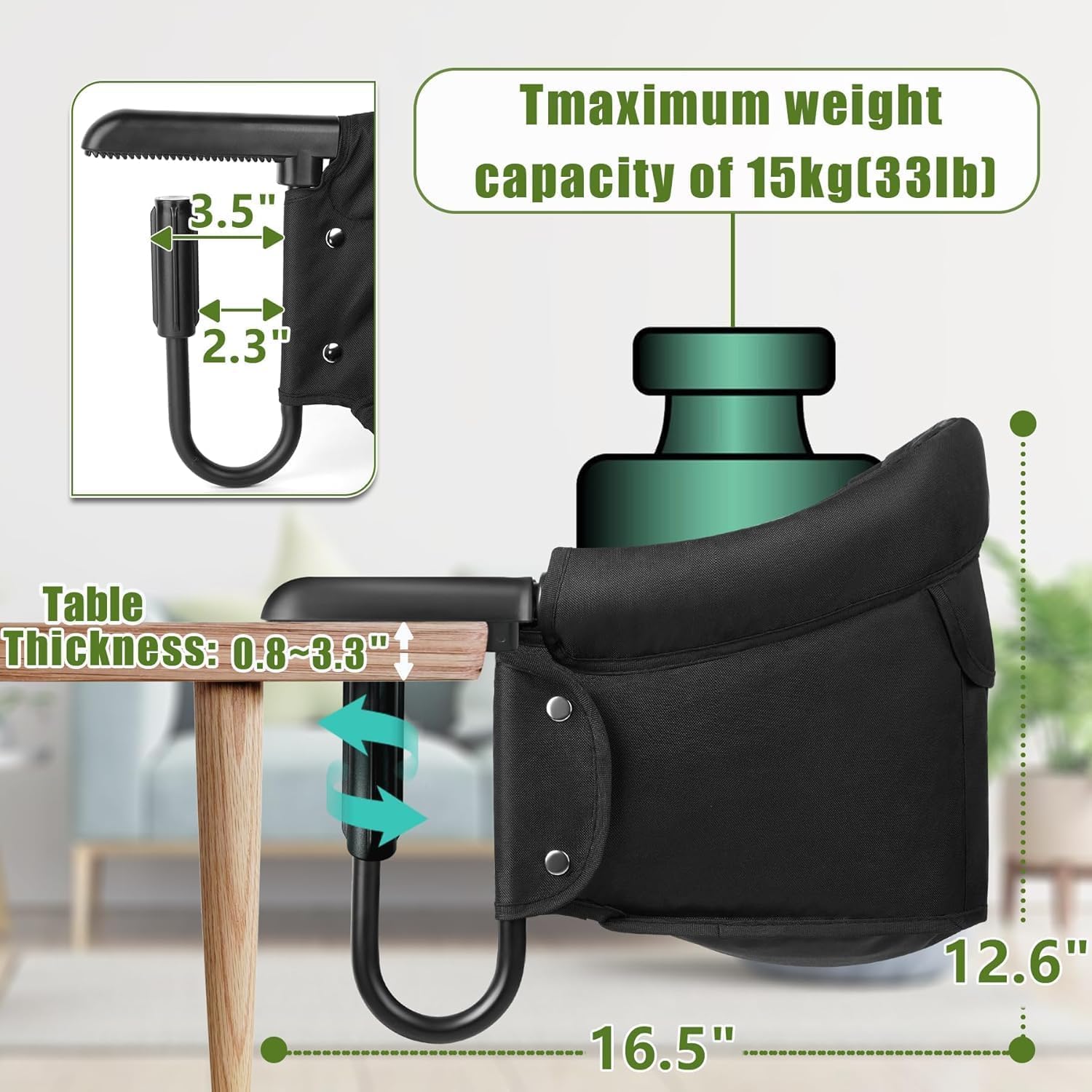 Suptikes Portable Baby Hook-On High Chair for Dining Table | Foldable Clip-On Feeding Chair with Safety Belt, Washable Seat & Carry Bag | Travel Friendly Booster Seat for Baby & Toddler (Black) 1
