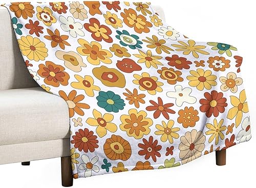 Miniatura 43 de Manta de tiro floral retro de los años 70, estilo bohemio, ondulado, geométrico, hippie, lindas flores, amarillo y naranja, manta con estampado