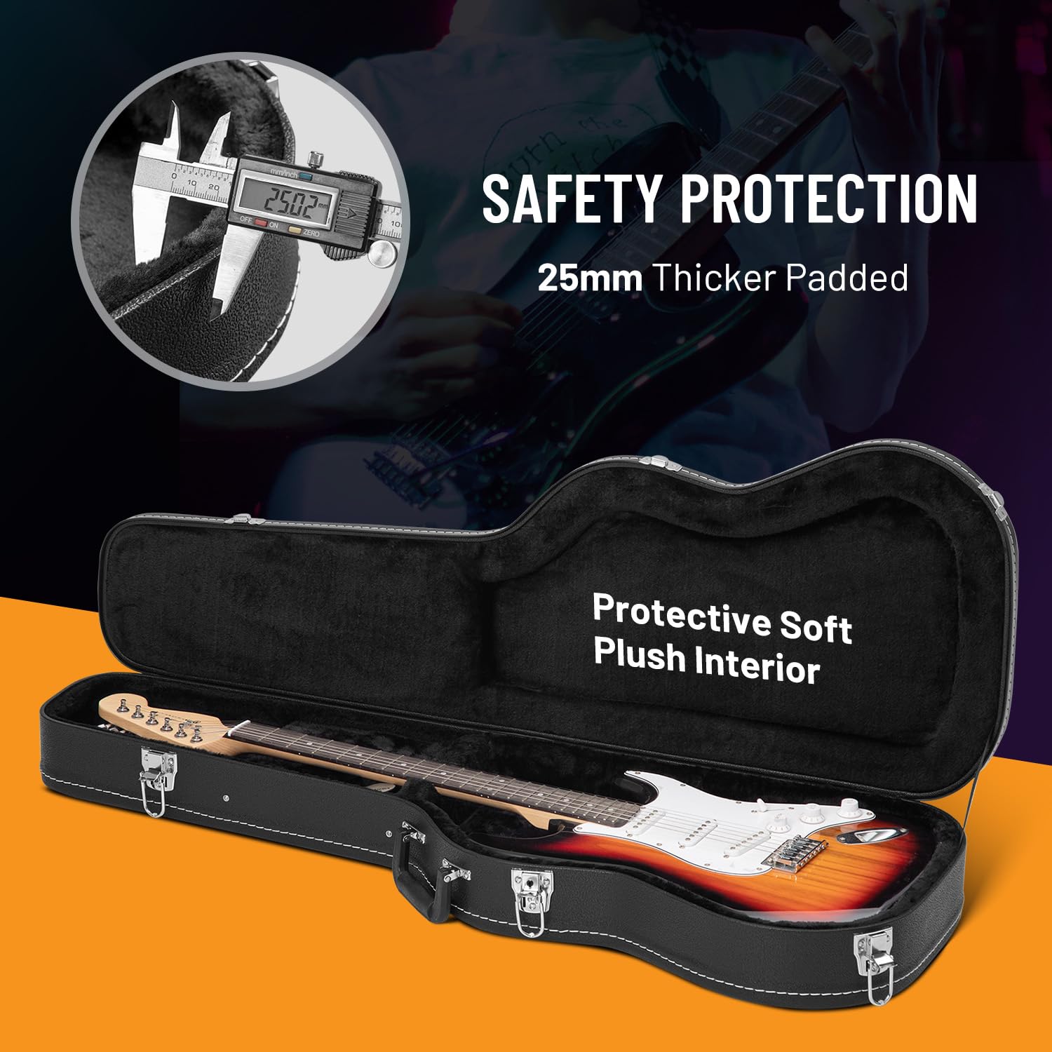 CAHAYA E-Gitarre Hartschalenkoffer Gefütterter Gitarrenkoffer Robuster PU E-Gitarren Koffer mit Sicherheitsverschluss für Standard E-Gitarre Schwarz