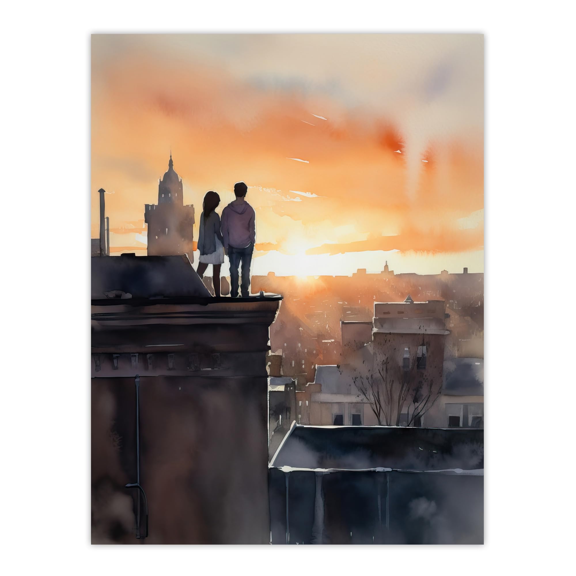 Artery8 Rooftop Romance Watercolour Painting Blue Orange Couple Watching City Sunset Bedroom Art Extra Large XL Wall Art Poster Print