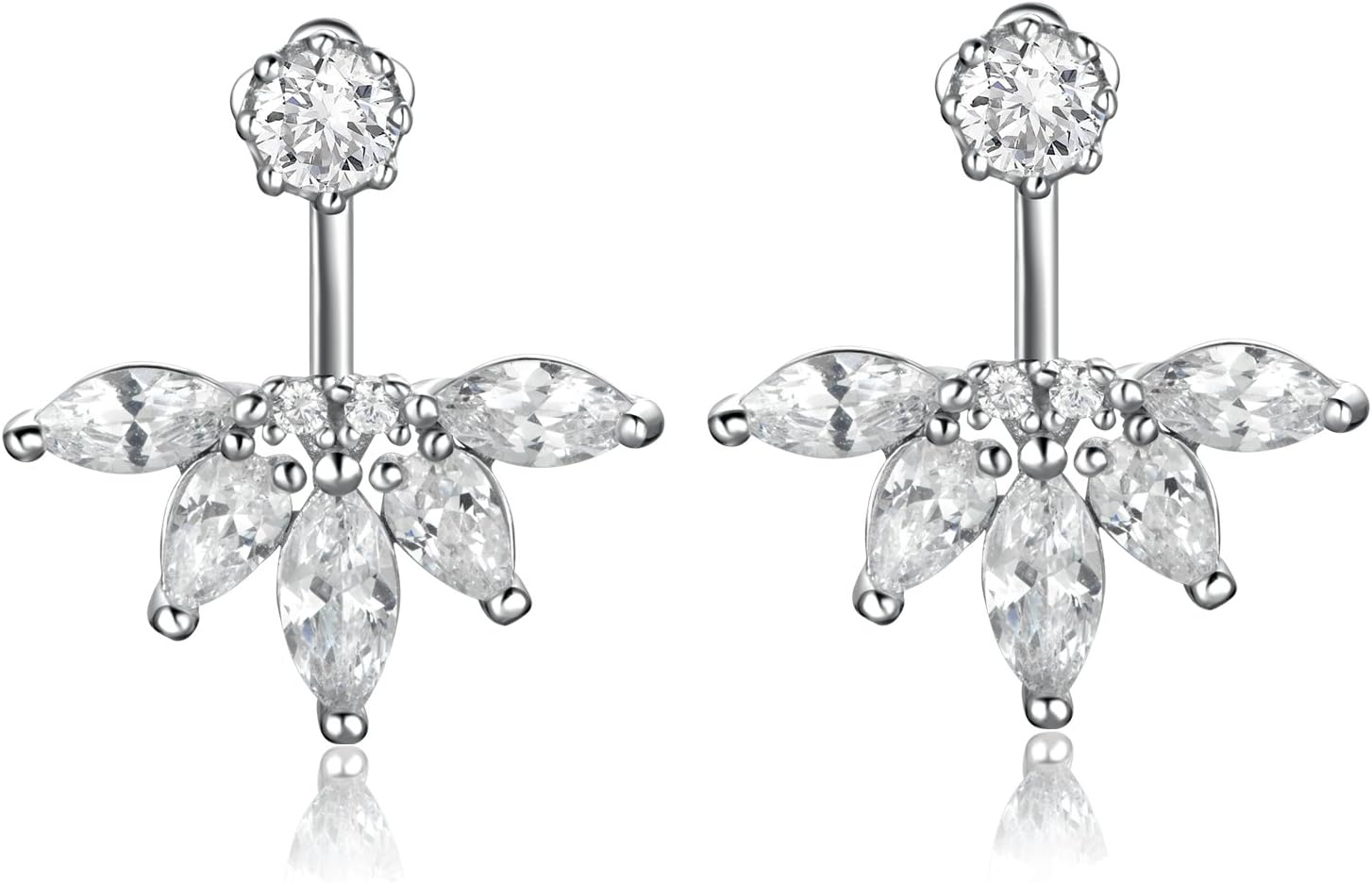 925 Sterling Silver Earrings with Diamonds,DOKINCIK,18K White Gold Plated Clear Crystal Leaf Feather Ear Jacket Earrings Back Cuffs Stud Earring sets for Women Babies and Girls