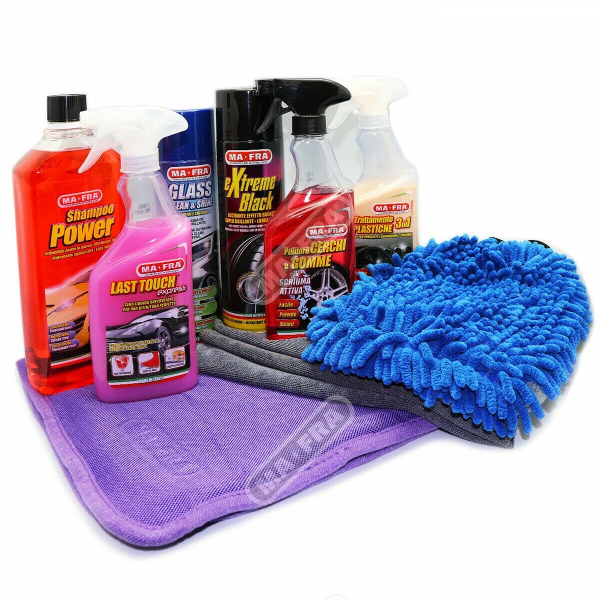 MAFRA KIT 9 PEZZI PULIZIA AUTO MACCHINA INTERNI ED ESTERNI MA*FRA GOMME PLASTICHE PANNO GUANTO ASCIUGATURA