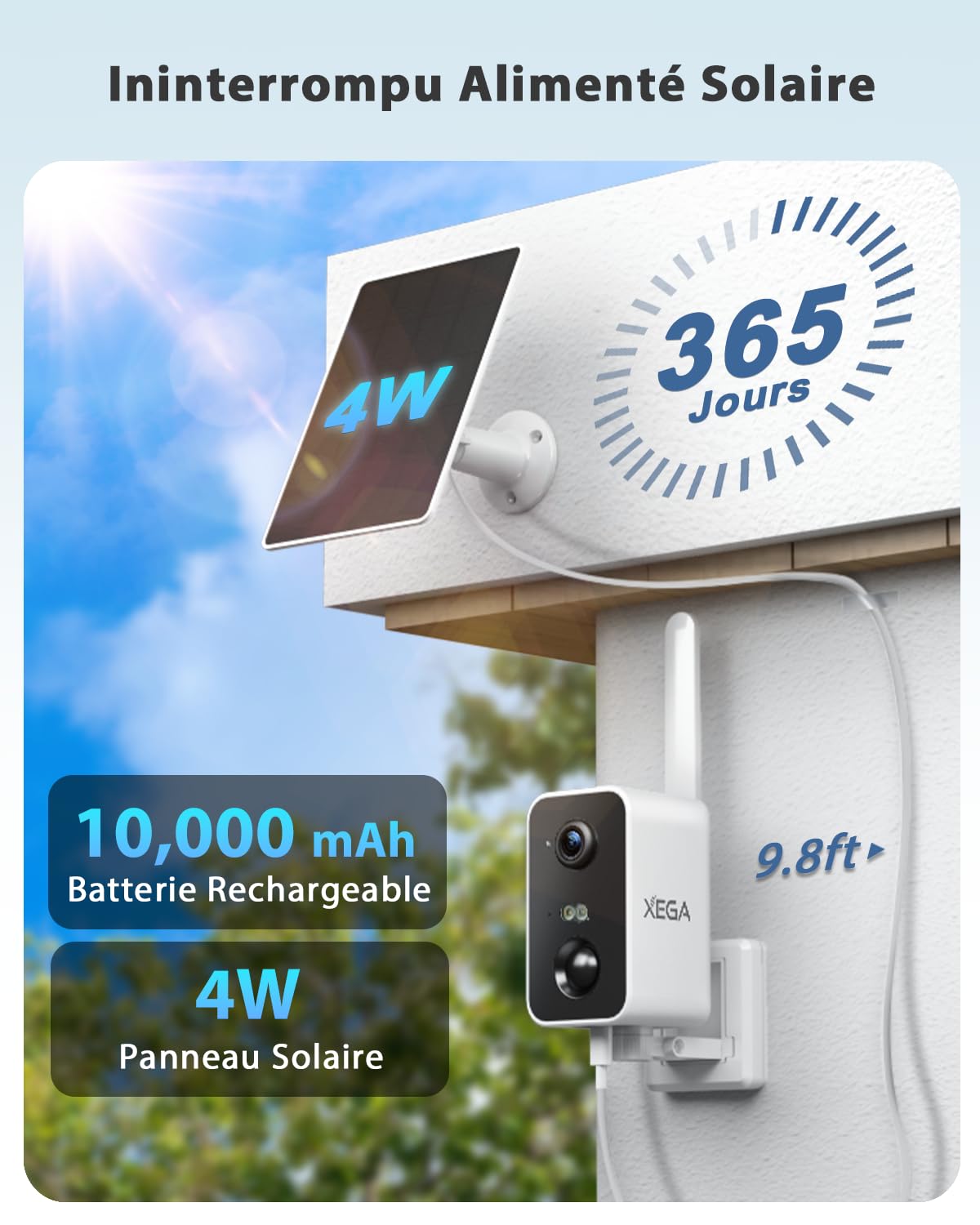 Xega Caméra 4G Solaire, SIM, Vision Nocturne Couleur, sans WiFi, Pan 180°