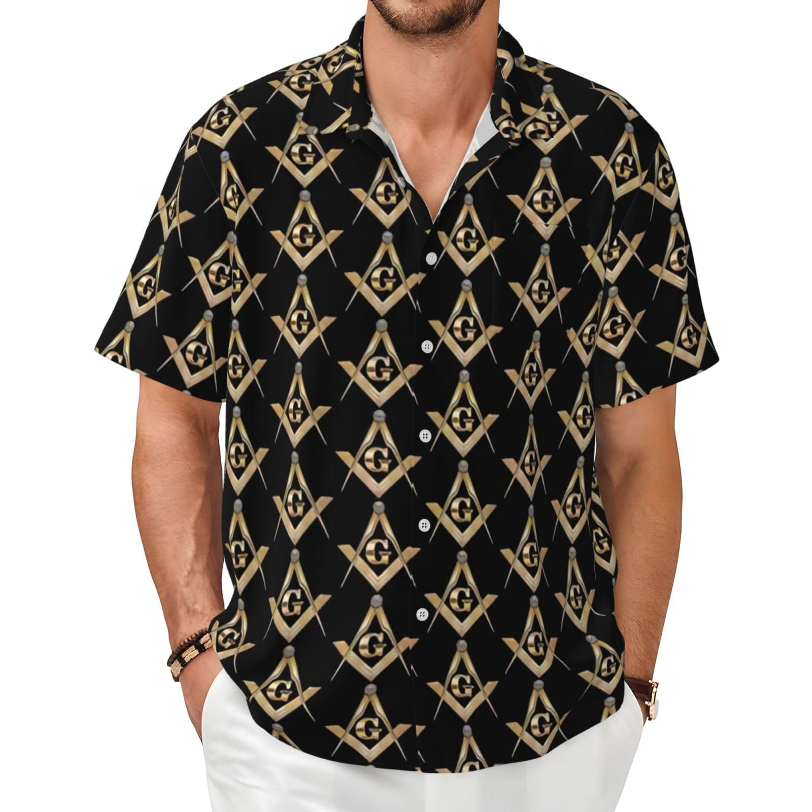 XIAKU Ohio State Gray Men's Shirts Short Sleeve Casual Fashion Polo Button Down Shirt for Men Beach Summer Wedding Pocket, Masonic Square, Large
