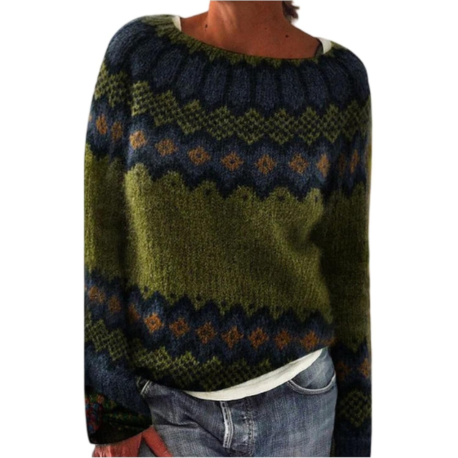 Fair Isle Sweater Women Casual Long Sleeve Crew Neck Icelandic Sweater Fall Vintage Embroidered Knit Pullover Top