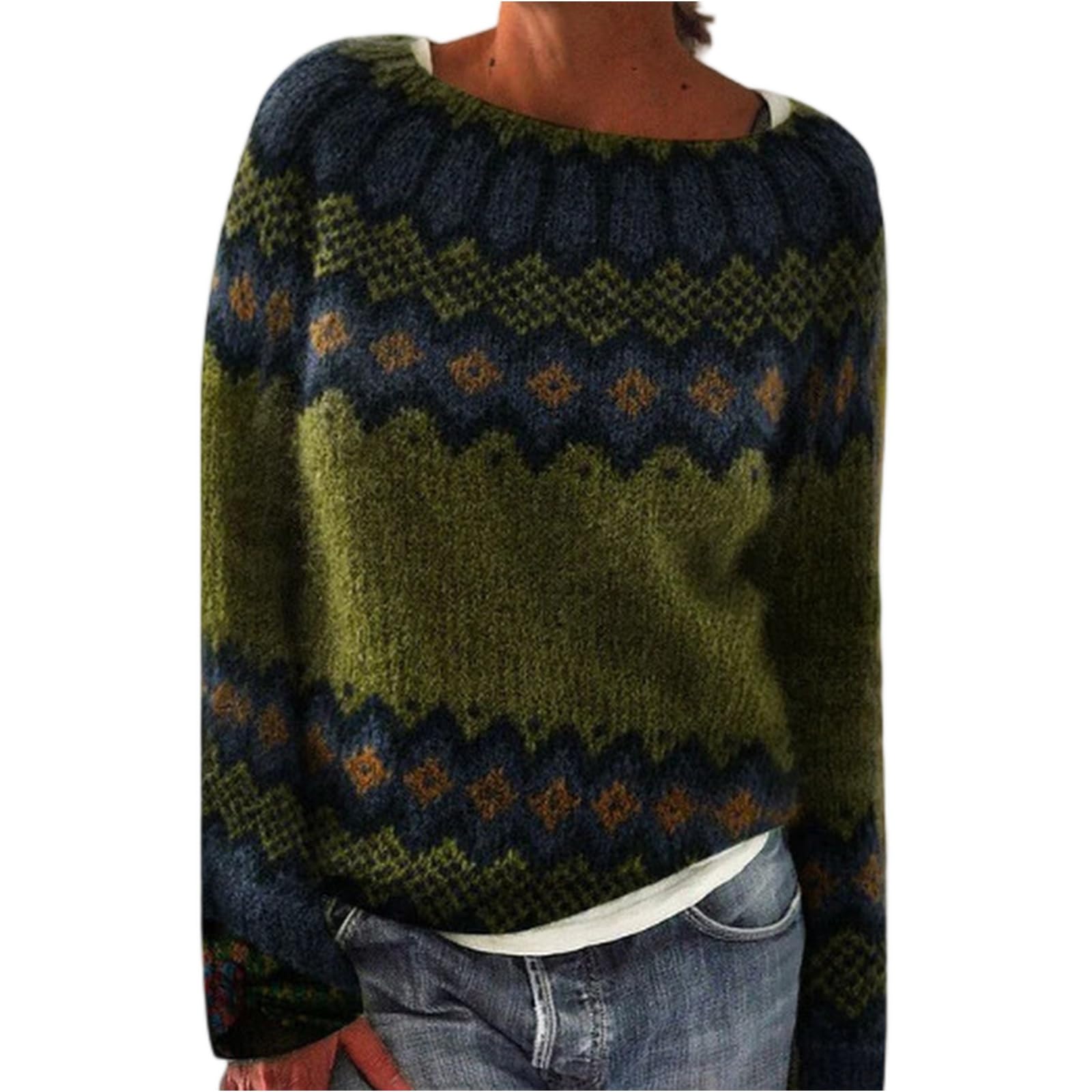 Fair Isle Sweater Women Casual Long Sleeve Crew Neck Icelandic Sweater Fall Vintage Embroidered Knit Pullover Top