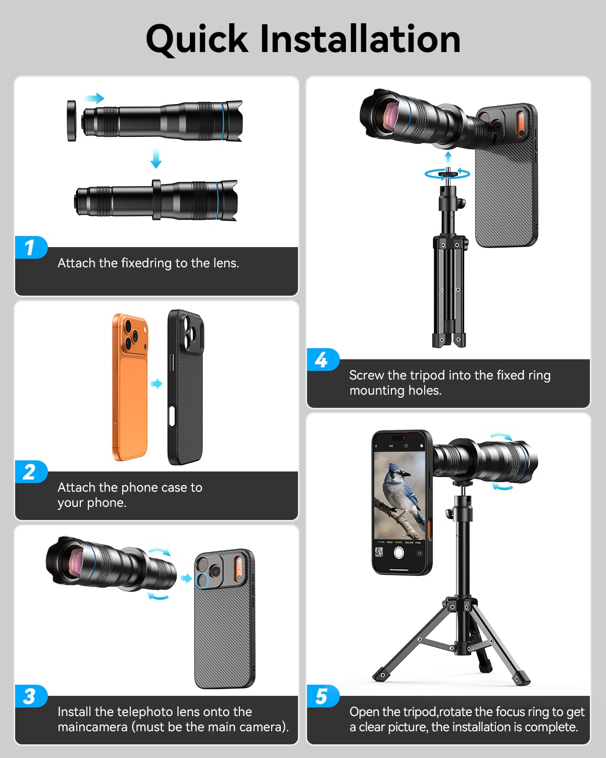 APEXEL Objectif Téléobjectif Portable avec Coque Intégrée pour iPhone 16 Pro – Objectif 36x avec Support pour Trépied