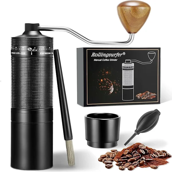 Rollingsurfer Manual Coffee Grinder - External Adjustable Coarseness Setting, Portable Hand Crank Mill for Travel, Office, Home Use - Gift for Coffee Lovers (CNC Stainless Steel, 20g)