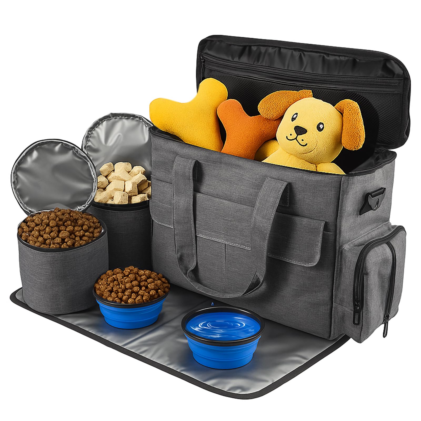 GreenWhim Dog Travel Bag Airline Approved Pet - Weekend Travel Set with 2 Food Containers, Collapsible Bowls, and Large Capacity Tote Organizer for Outdoor & Car Travel - Grey