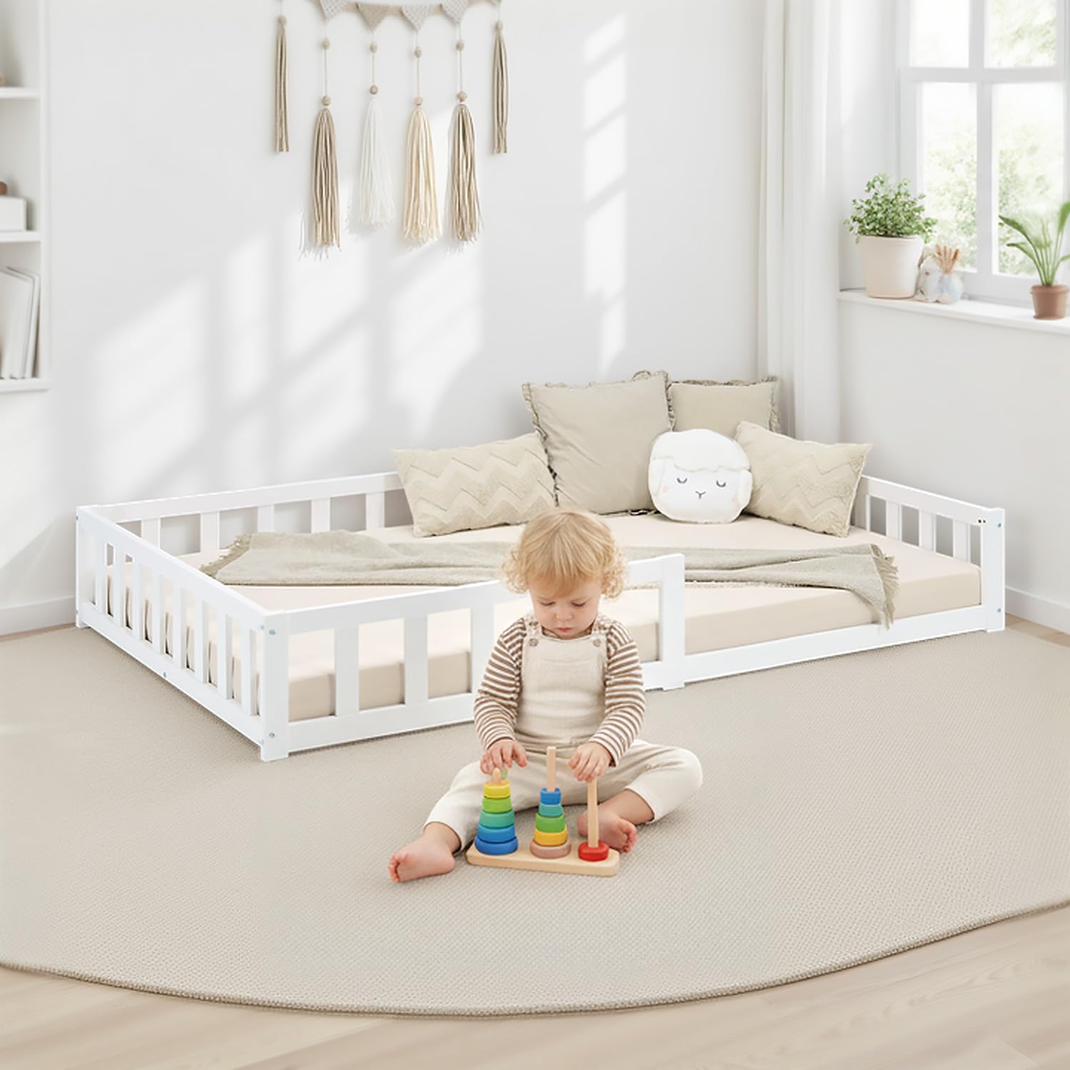 Homestyle4u Lit de sol, 120 x 200 cm, blanc, Montessori, pour enfant, avec protection anti-chute, en bois, sommier à lattes