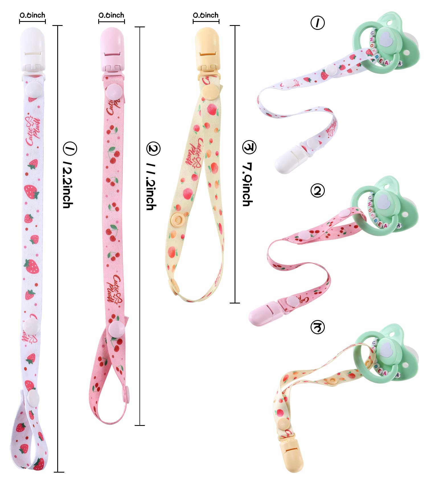 CutiePlusU Lot de 3 pinces à tétine pour adulte - Fraises, cerises et pêches