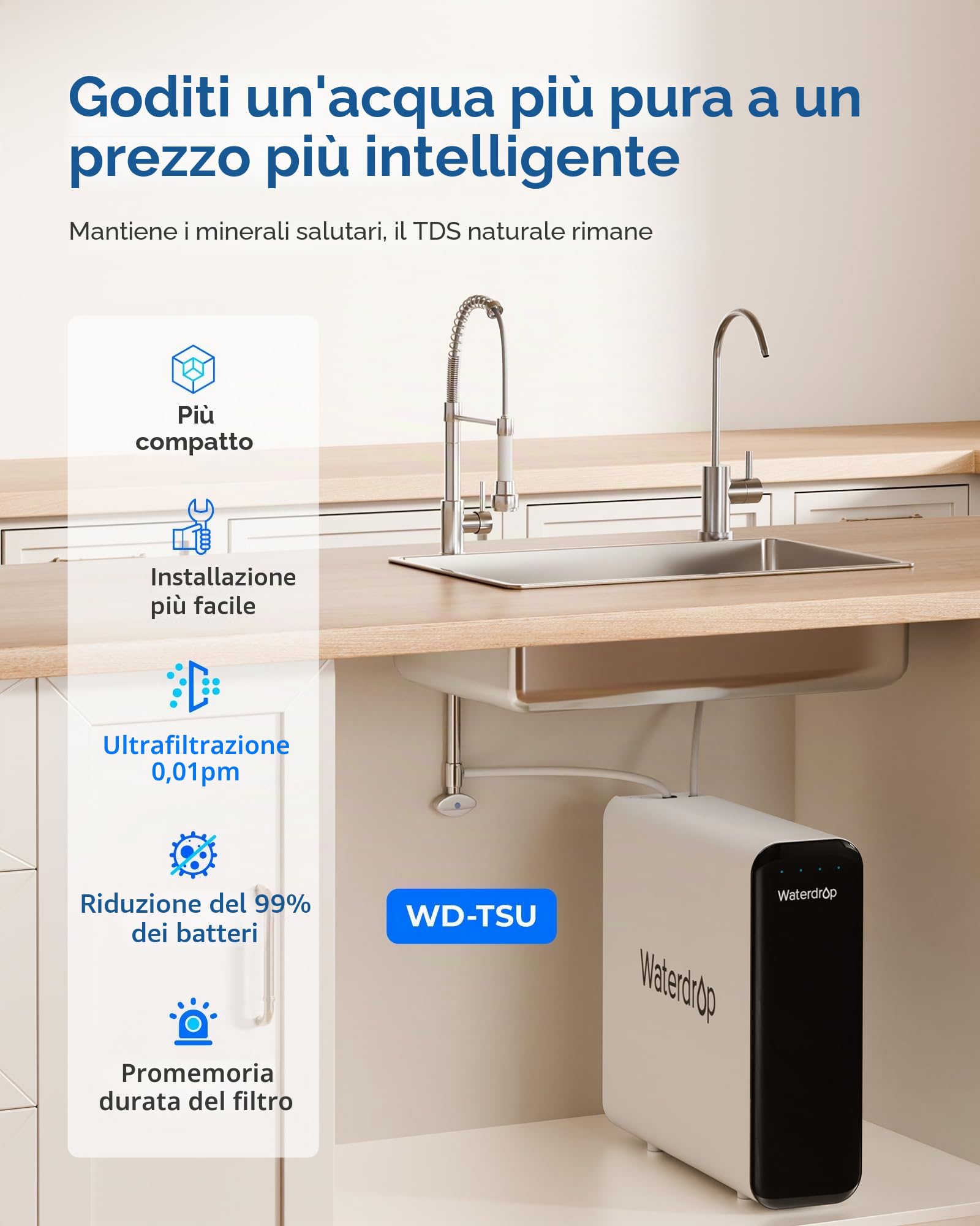 Waterdrop TSU 0,01μm Filtraggio dell'Acqua Sistema Sotto il Lavandino Con Ultrafiltrazione, Capacità Elevata a 3 Stadi, Pannello Intelligente, Nessuna Acqua di Scarico, Ridurre i PFAS, PFOA/PFOS