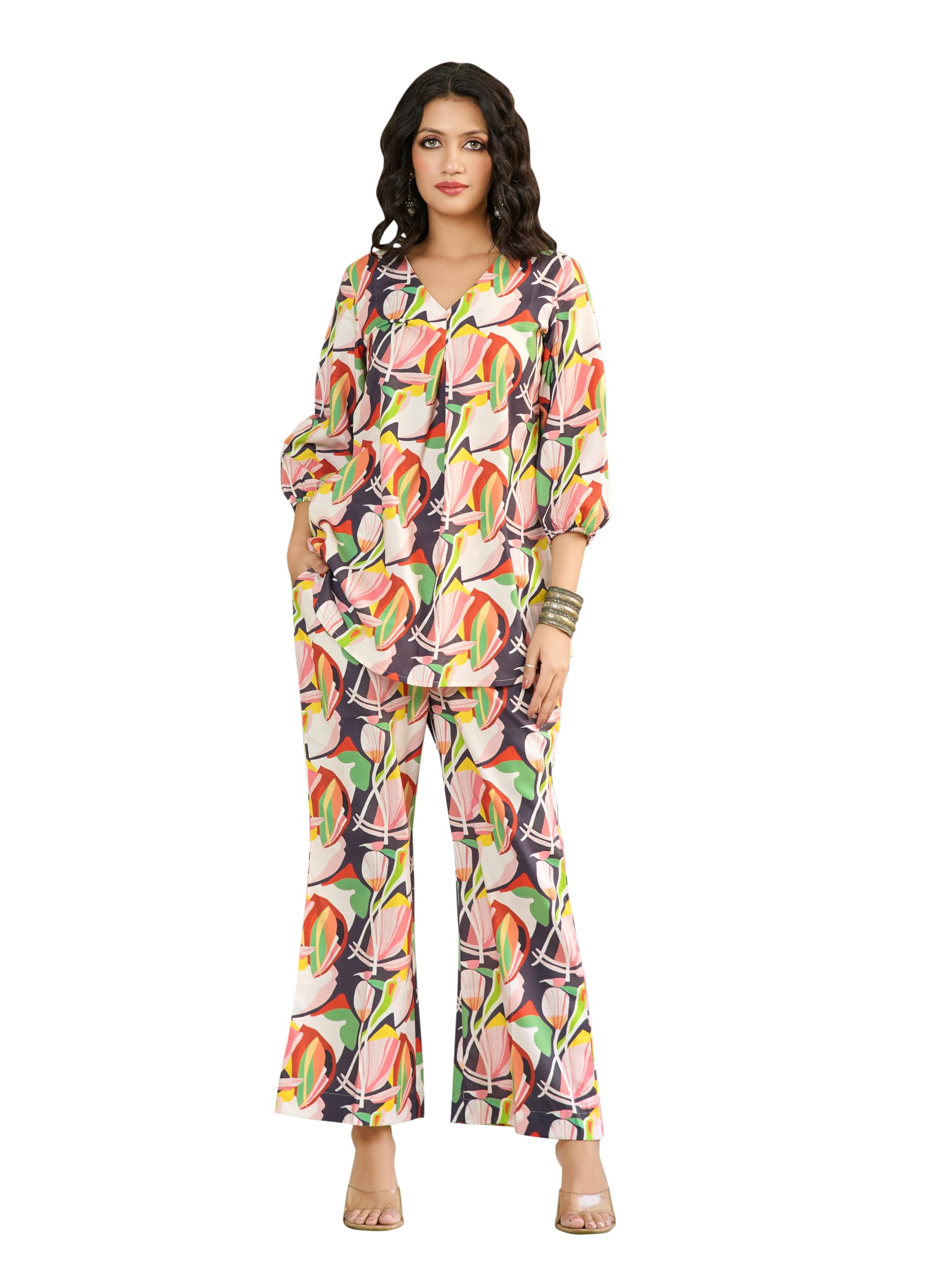 Women's Printed Silk Blend Multi Shirt Trousers Co-Ords(VC_5013CO)-image-47