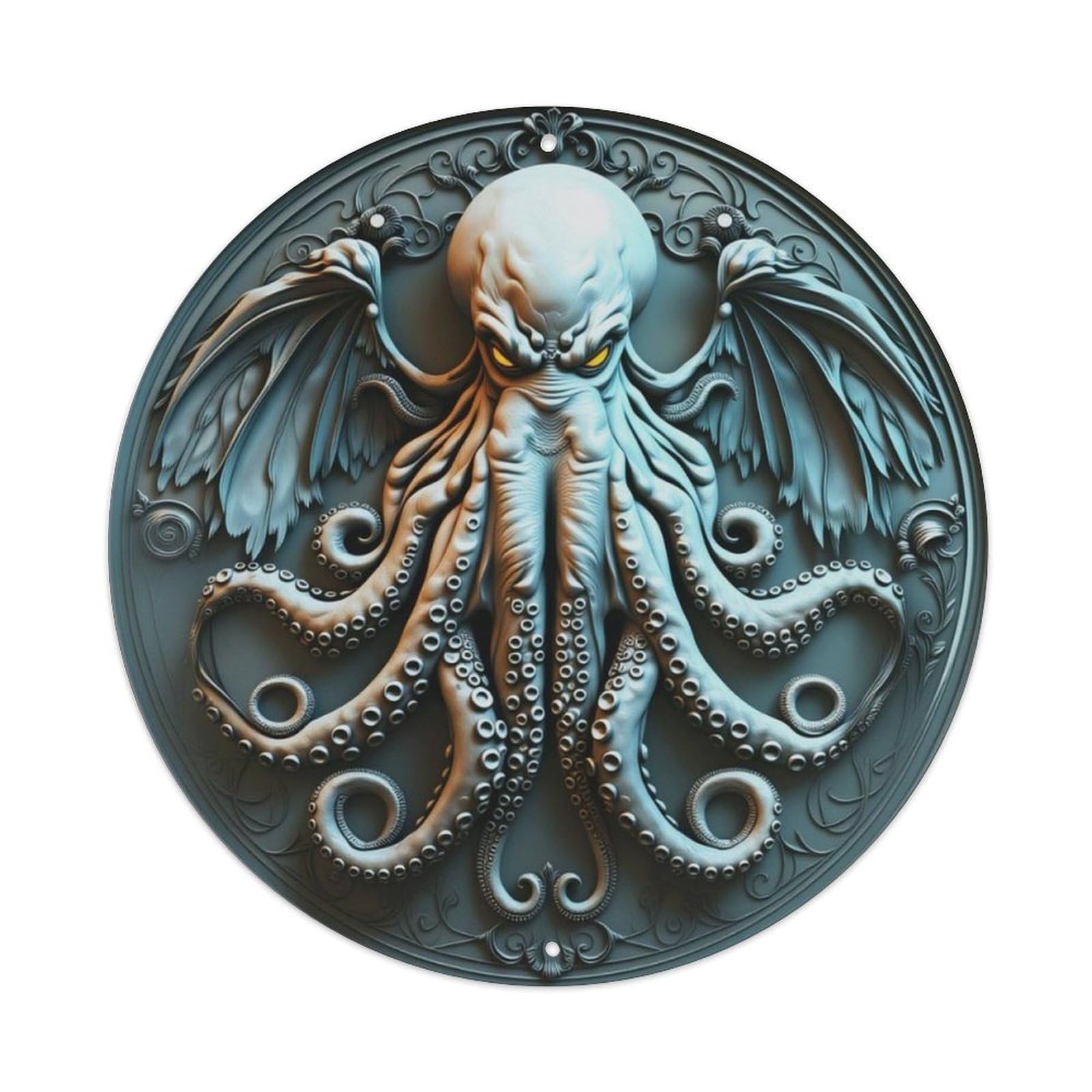 Vintage Ornate Fantasy Octopus Monster Round Decor Sign Vintage Aluminium Metal Sign, Retro Wall Decor for Home, Bar, Garage & Farmhouse 20x20cm
