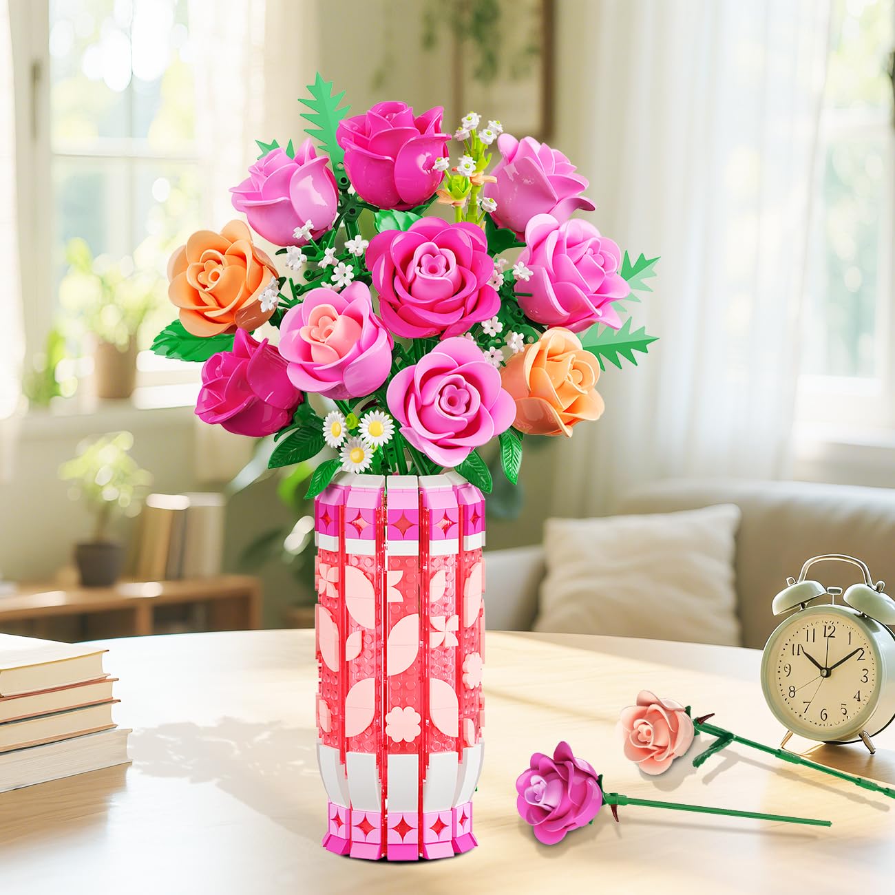 CUBIMANA Romantic Pink Roses Bouquet Building Set including Vase & LED Light, 845PCS Flowers Botanical Building Blocks Toys - Image 2