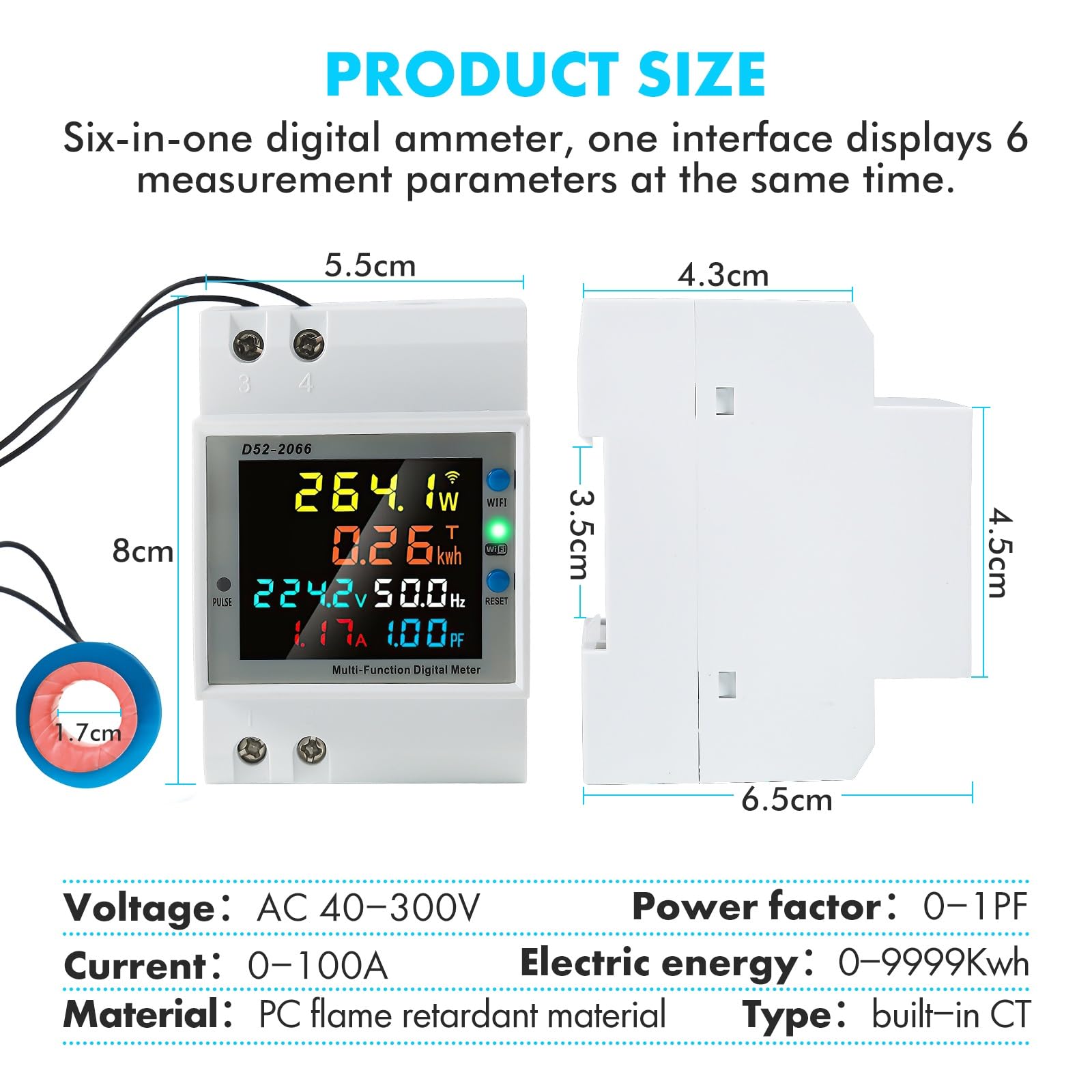 Jadeshay Medidor de Energía WiFi, AC 40-300V 100A Contador Electrico Digital Multifuncional Voltímetro Amperímetro para Medición del Consumo Eléctrico Voltaje Corriente Factor Potencia Frecuencia