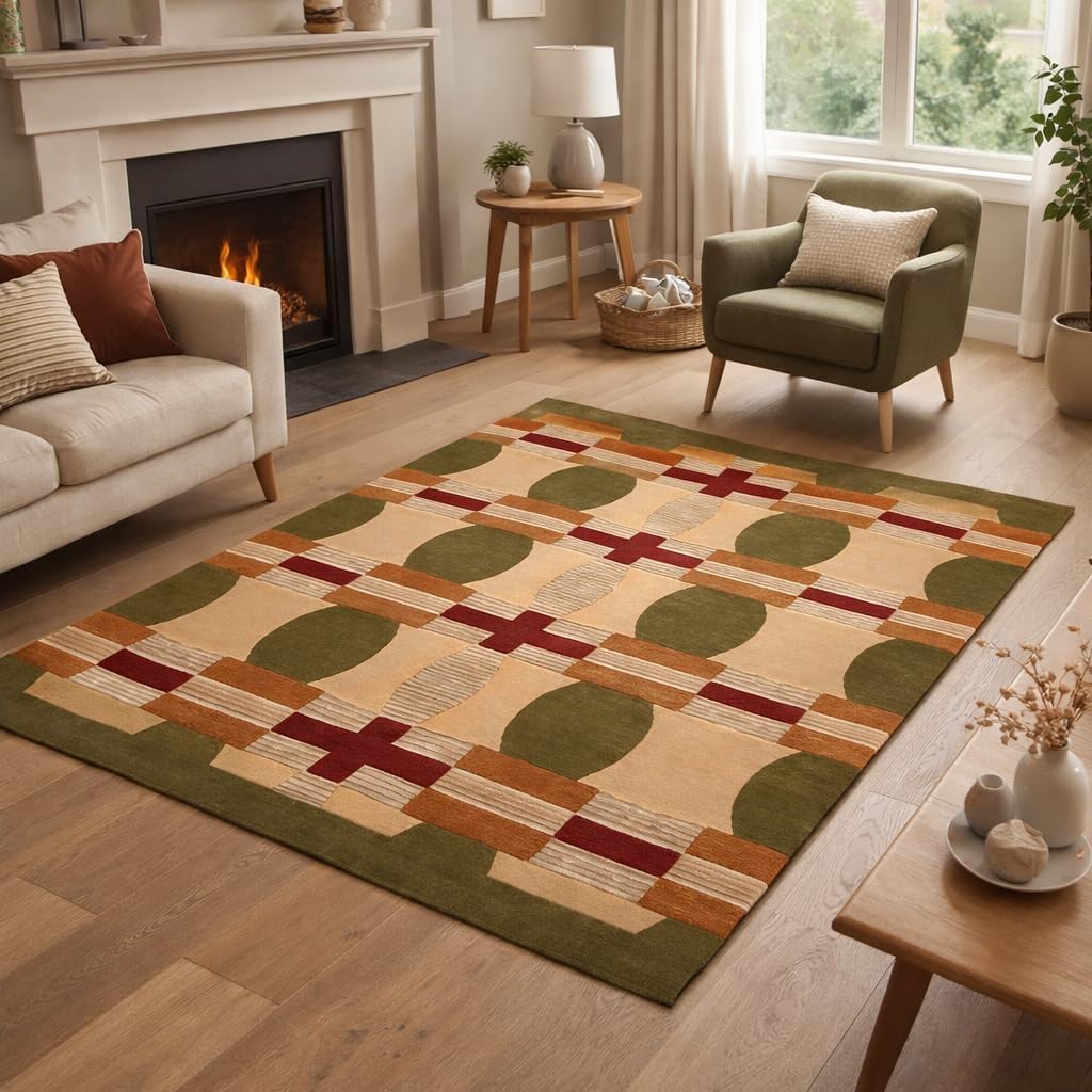 Multicolor Geometric Mosaic Wool Rug, Handmade Hand-Tufted Luxury Area Carpet for Living Room, Bedroom & Dining (7x10, 6x9, 8x10)